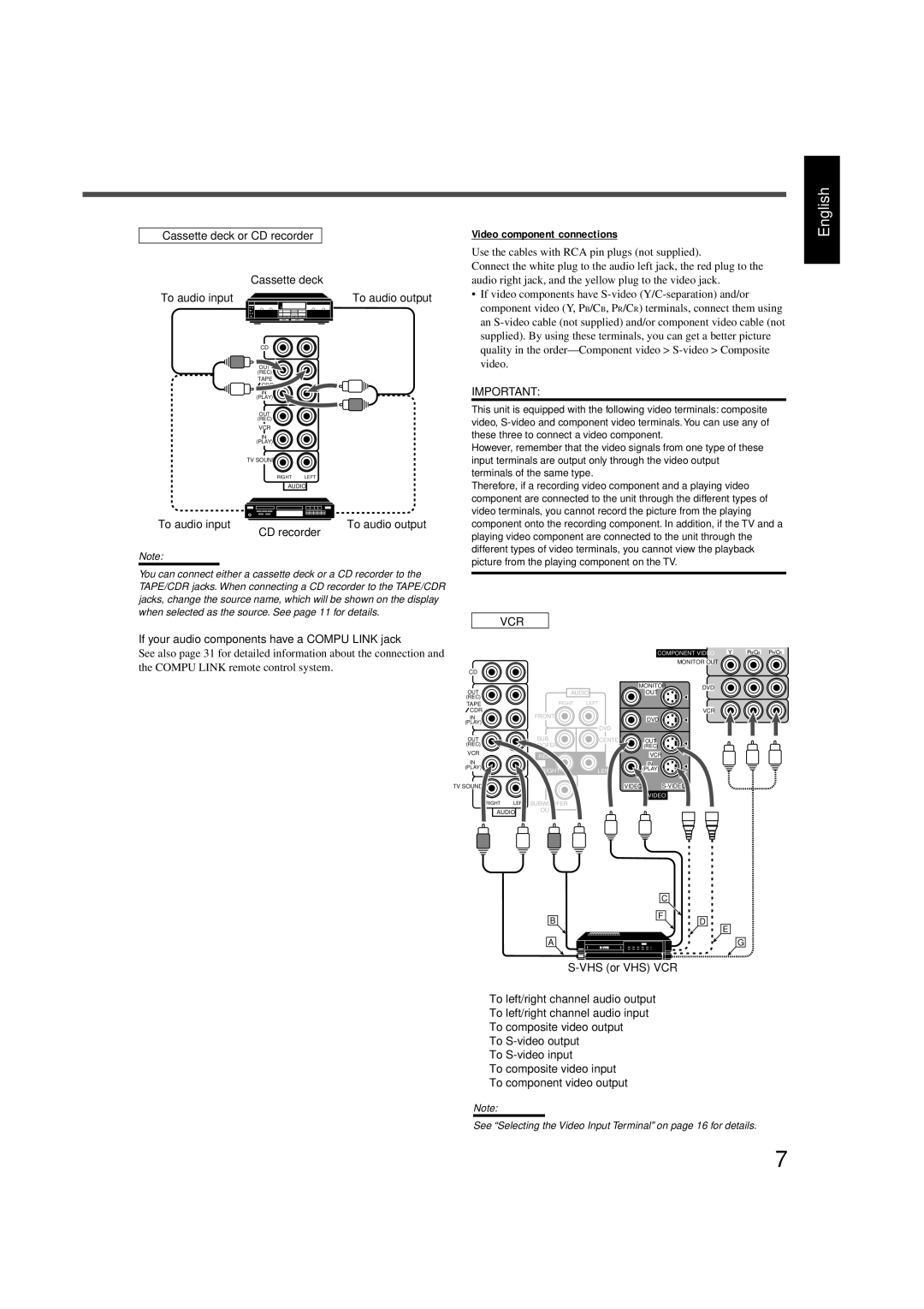 JVC RX-7520VBK Video component connections, Cassette deck or CD recorder, If your audio components have a Compu Link jack 