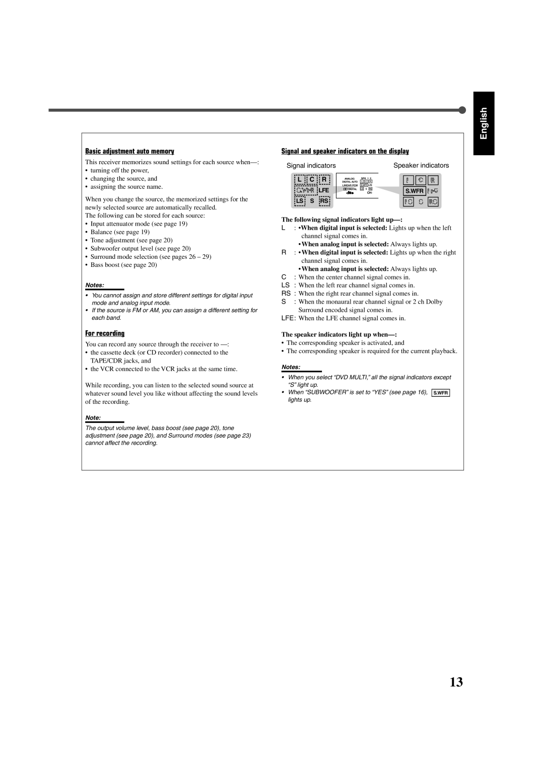 JVC RX-7520VBK manual Basic adjustment auto memory, For recording, Signal and speaker indicators on the display 