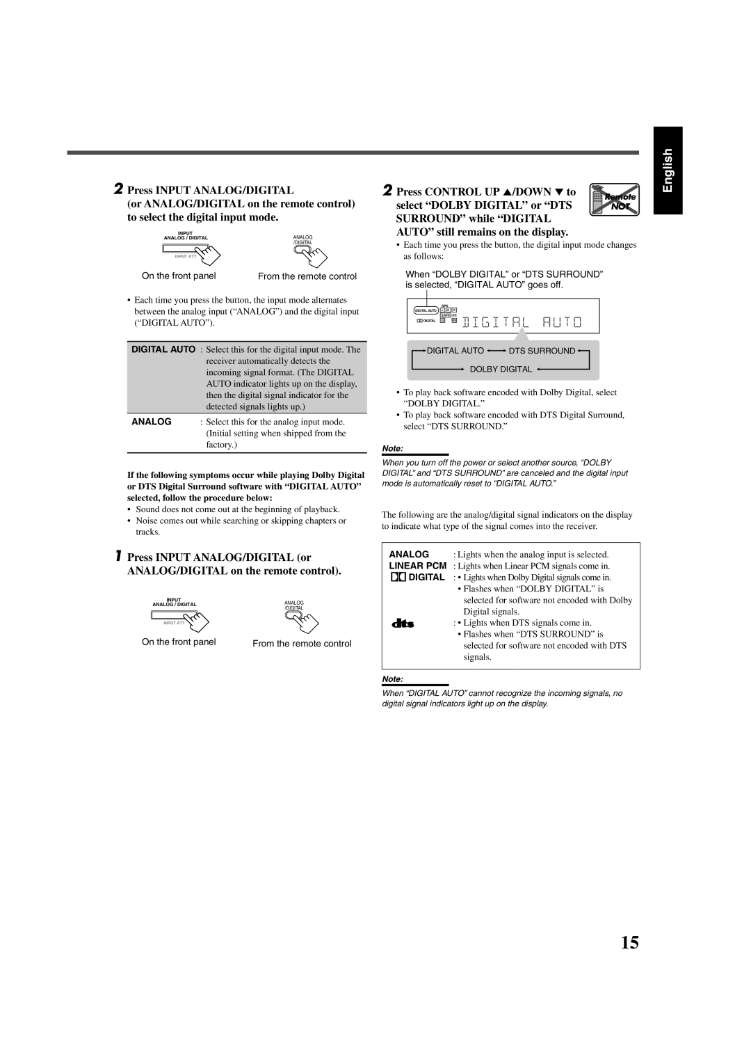 JVC RX-7520VBK manual Press Control UP 5/DOWN ∞ to, Select Dolby Digital or DTS, On the front panel 