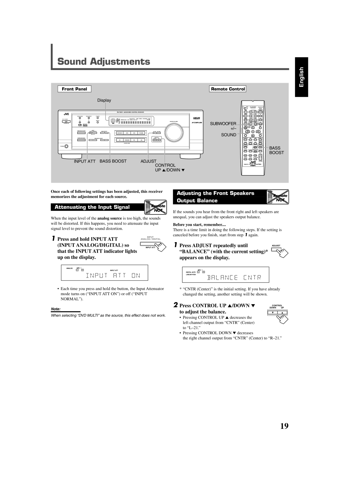 JVC RX-7520VBK manual Sound Adjustments, Adjusting the Front Speakers, Output Balance 