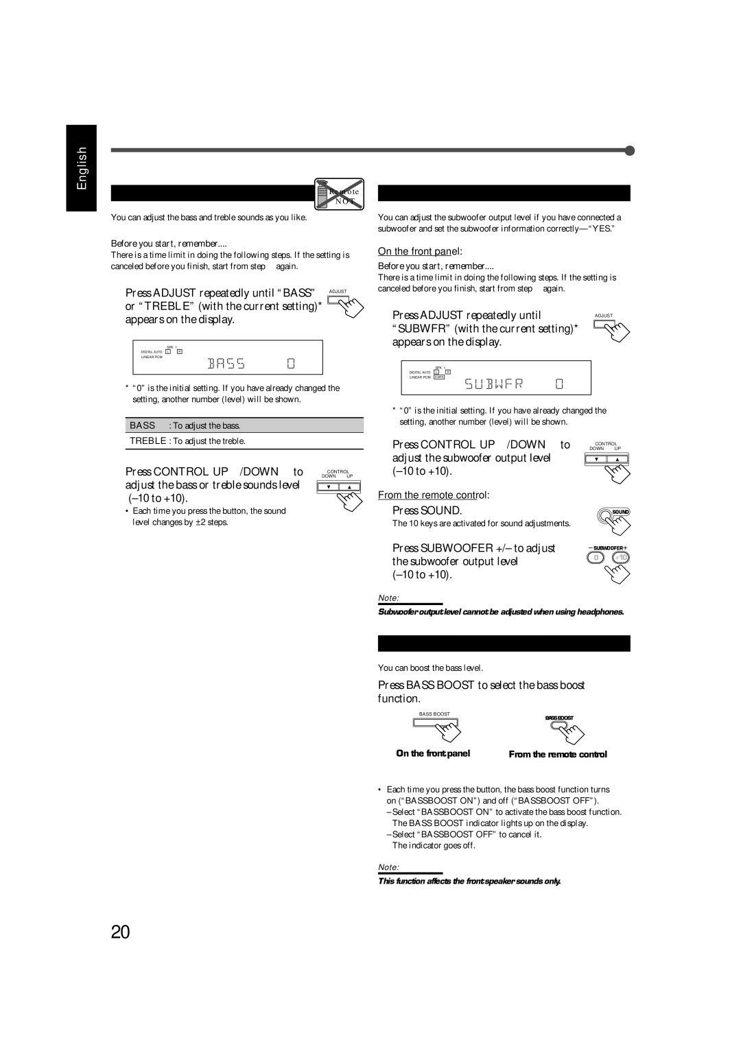 JVC RX-7520VBK manual Sound Adjustments, Adjusting the Subwoofer Output Level, Reinforcing the Bass 