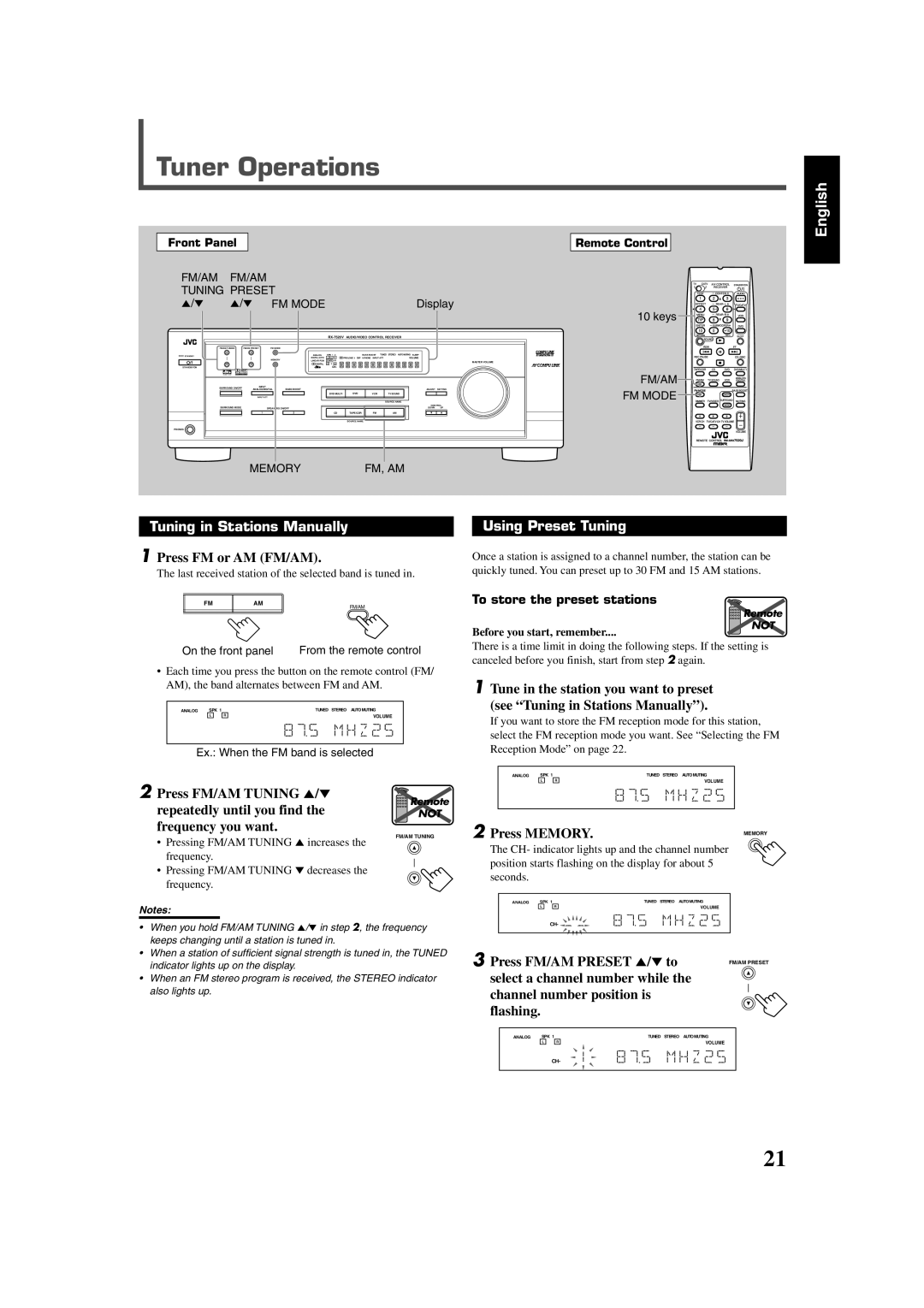 JVC RX-7520VBK manual Tuner Operations, Tuning in Stations Manually, Using Preset Tuning 