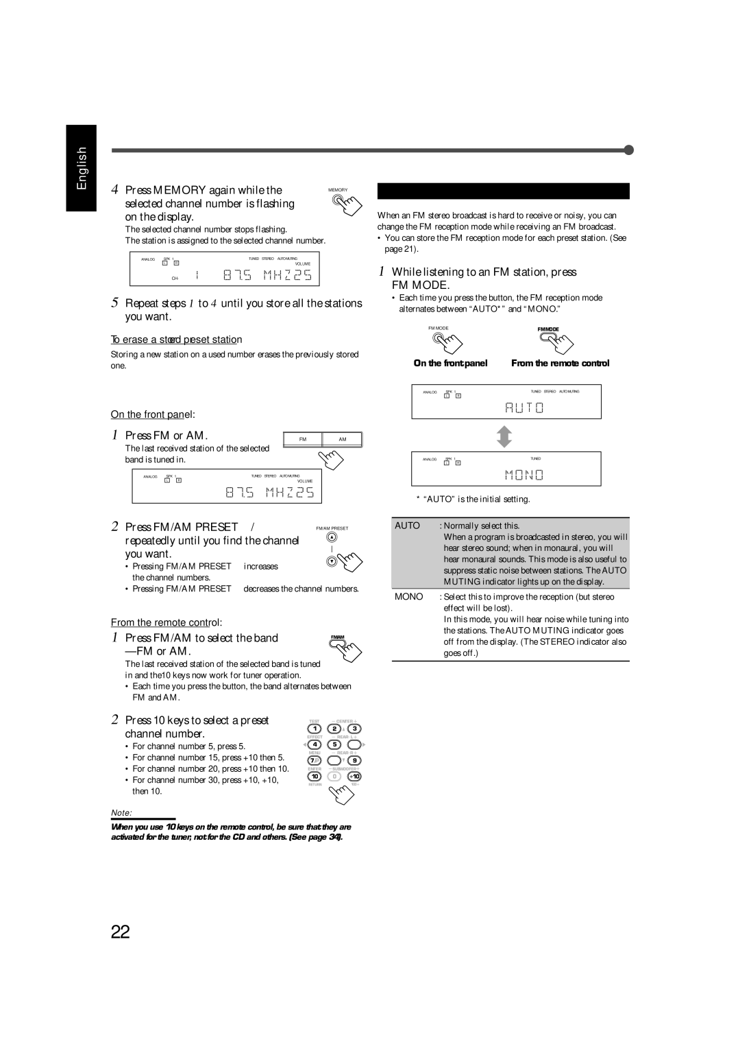 JVC RX-7520VBK manual Tuner Operations, Selecting the FM Reception Mode 