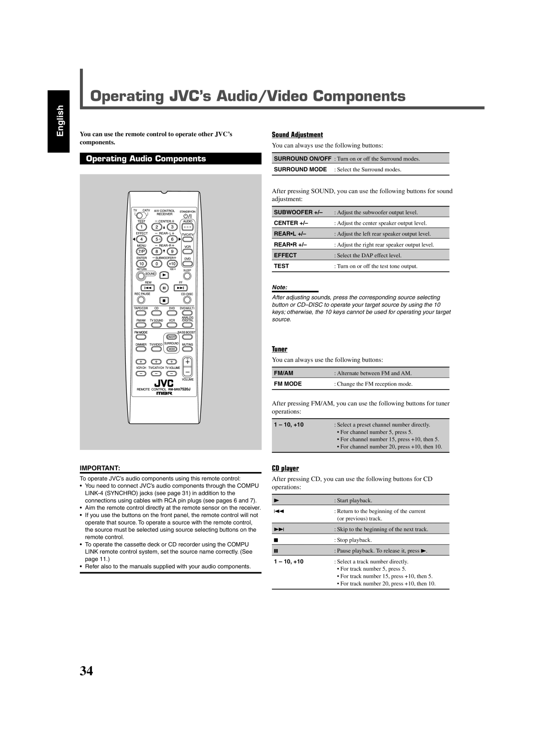 JVC RX-7520VBK Operating JVC’s Audio/Video Components, Operating Audio Components, Sound Adjustment, Tuner, CD player 