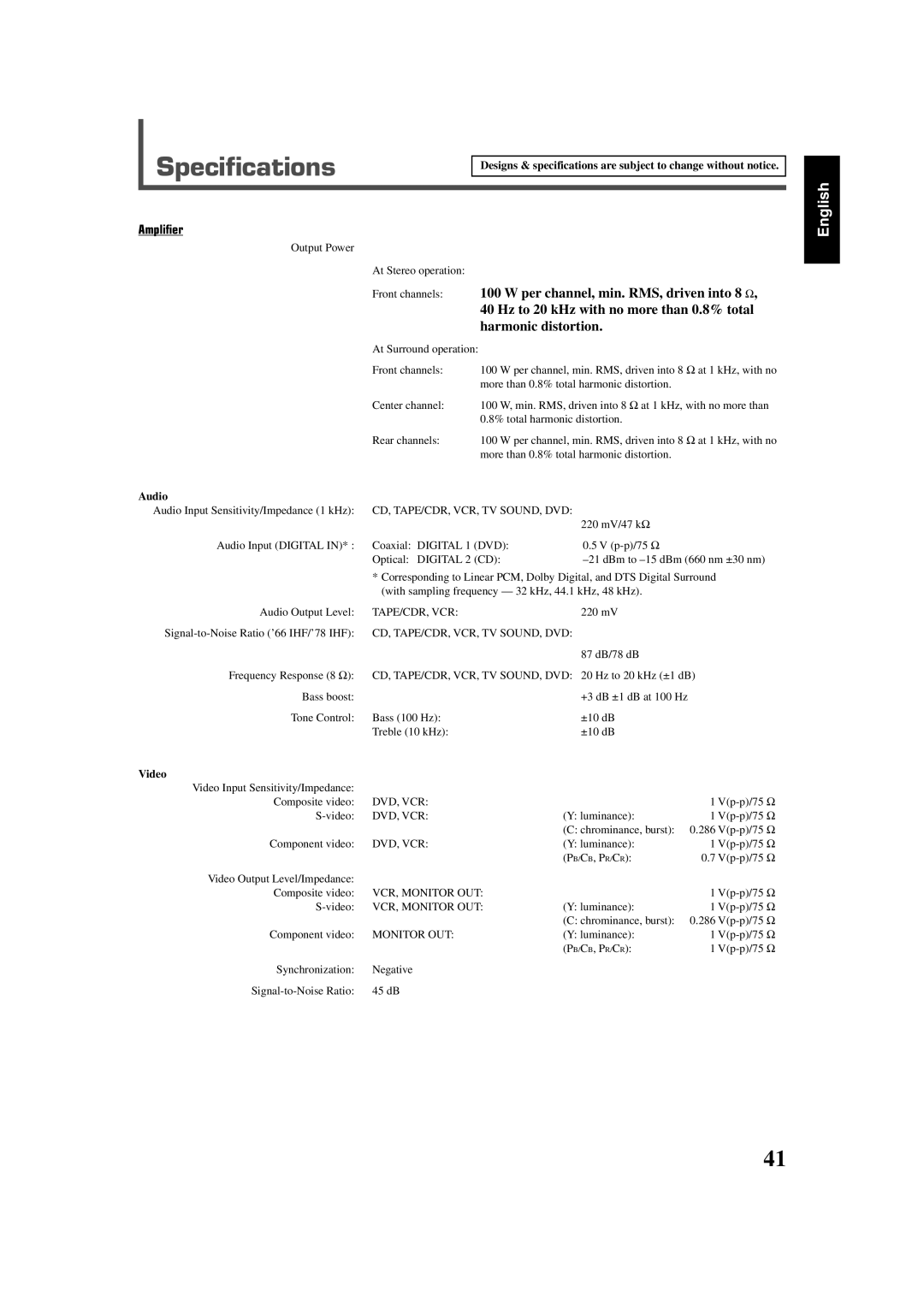 JVC RX-7520VBK manual Specifications, Per channel, min. RMS, driven into 8 Ω, Hz to 20 kHz with no more than 0.8% total 