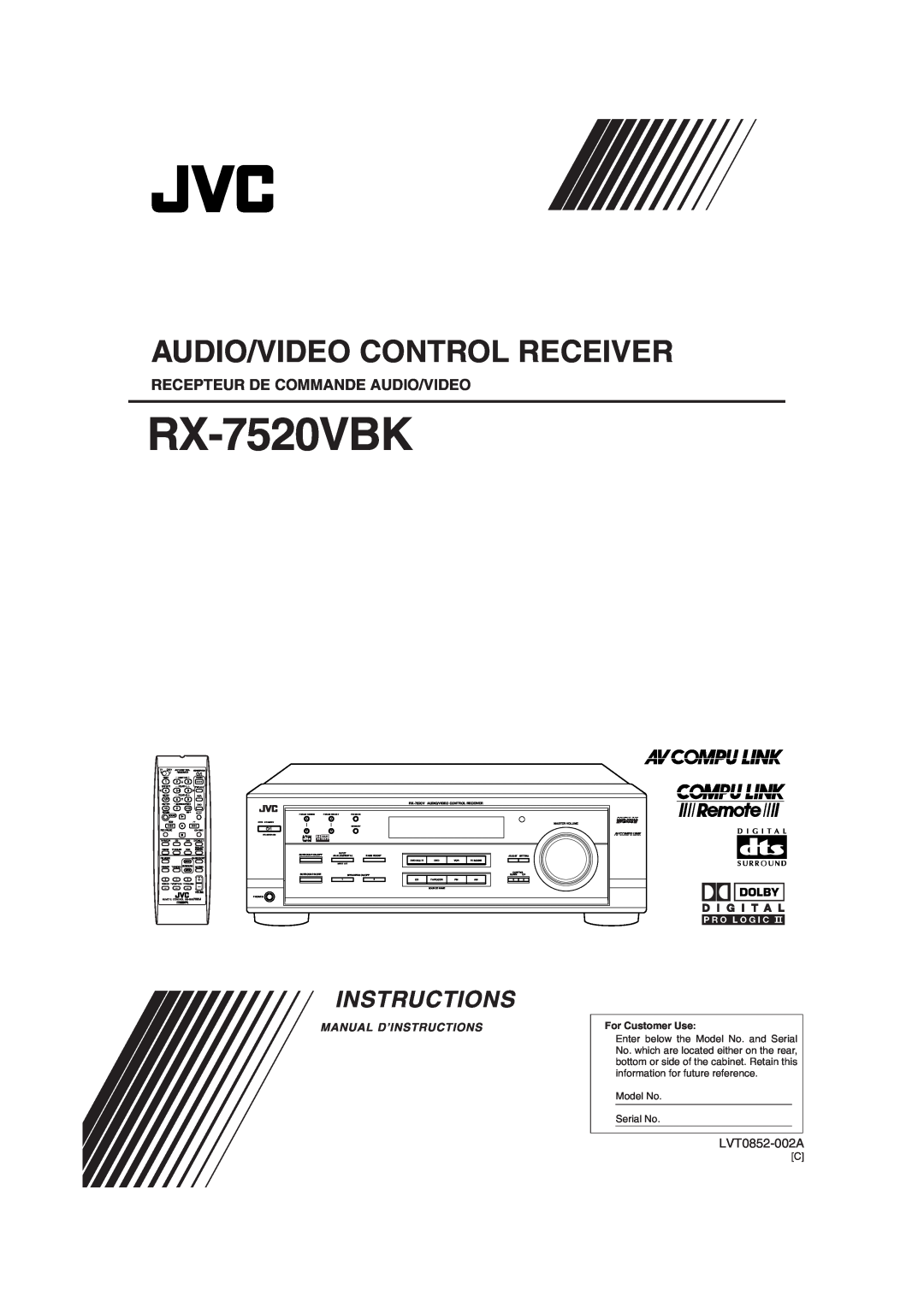 JVC RX-7520VBK manual Recepteur De Commande Audio/Video, LVT0852-002A, Audio/Video Control Receiver, Instructions, Remote 