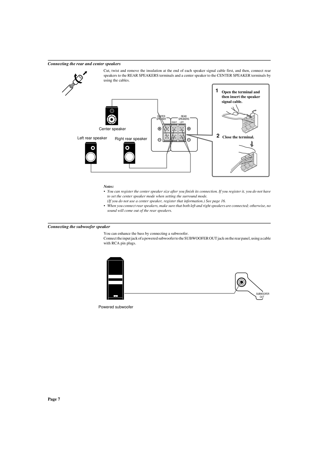 JVC RX-772VBK manual Connecting the rear and center speakers, Connecting the subwoofer speaker, Close the terminal 