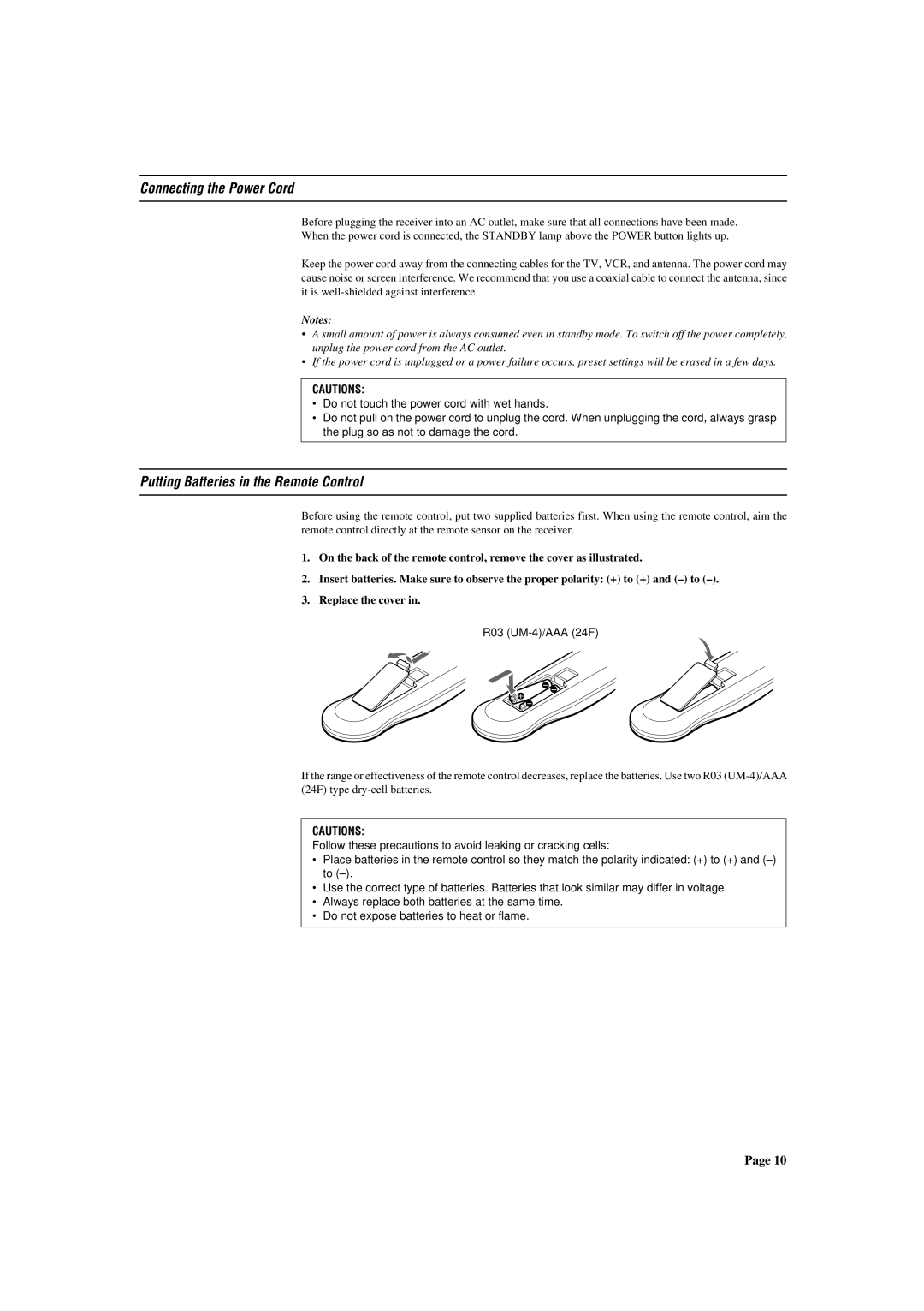 JVC RX-772VBK manual Connecting the Power Cord, Putting Batteries in the Remote Control, R03 UM-4/AAA 24F 