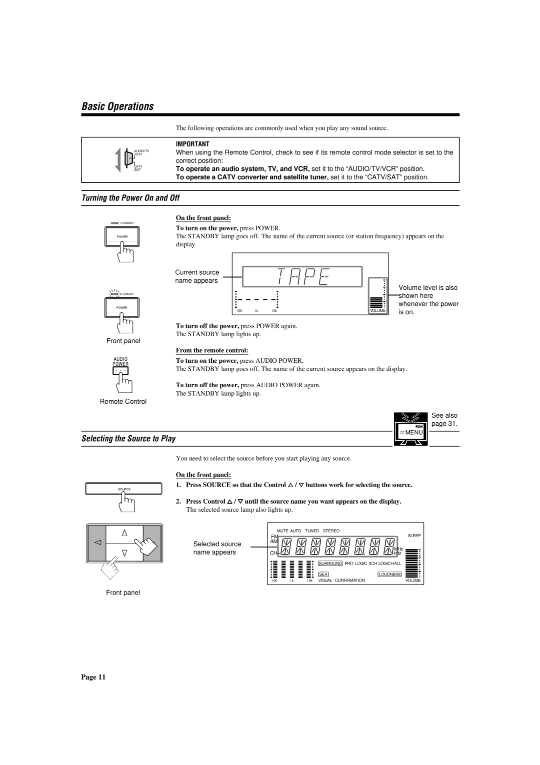 JVC RX-772VBK manual Basic Operations, Turning the Power On and Off, Selecting the Source to Play 