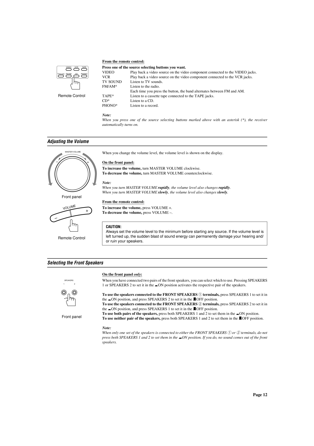 JVC RX-772VBK manual Adjusting the Volume, Selecting the Front Speakers, On the front panel only 