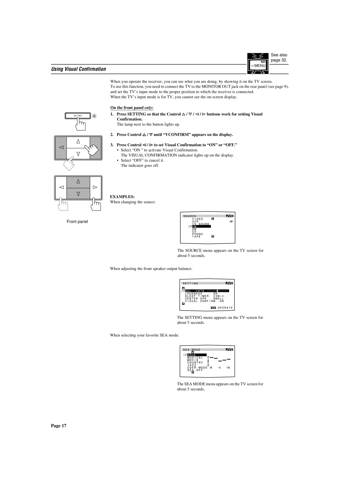 JVC RX-772VBK manual Using Visual Confirmation, Examples 