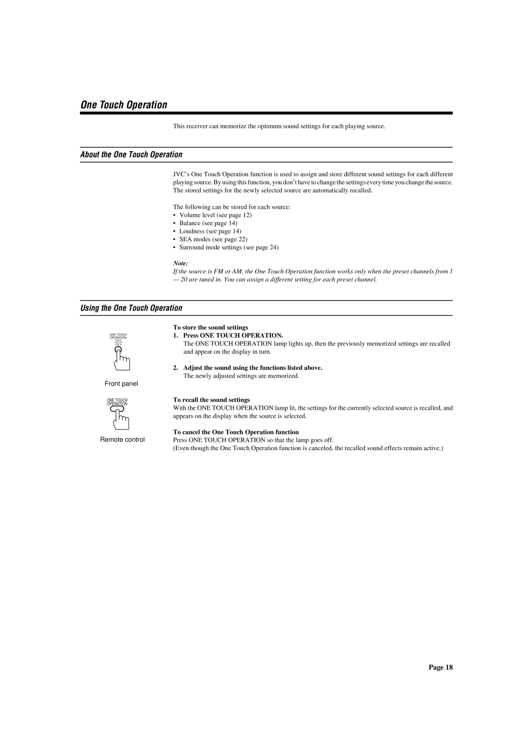 JVC RX-772VBK About the One Touch Operation, Using the One Touch Operation, To cancel the One Touch Operation function 