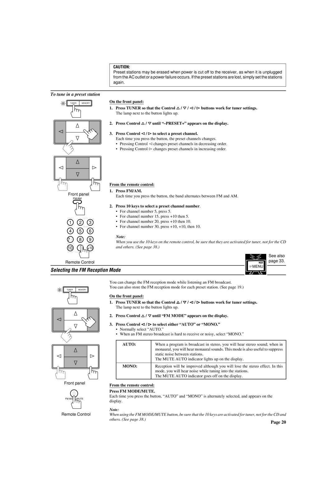 JVC RX-772VBK manual Selecting the FM Reception Mode, To tune in a preset station, Auto, Mono 