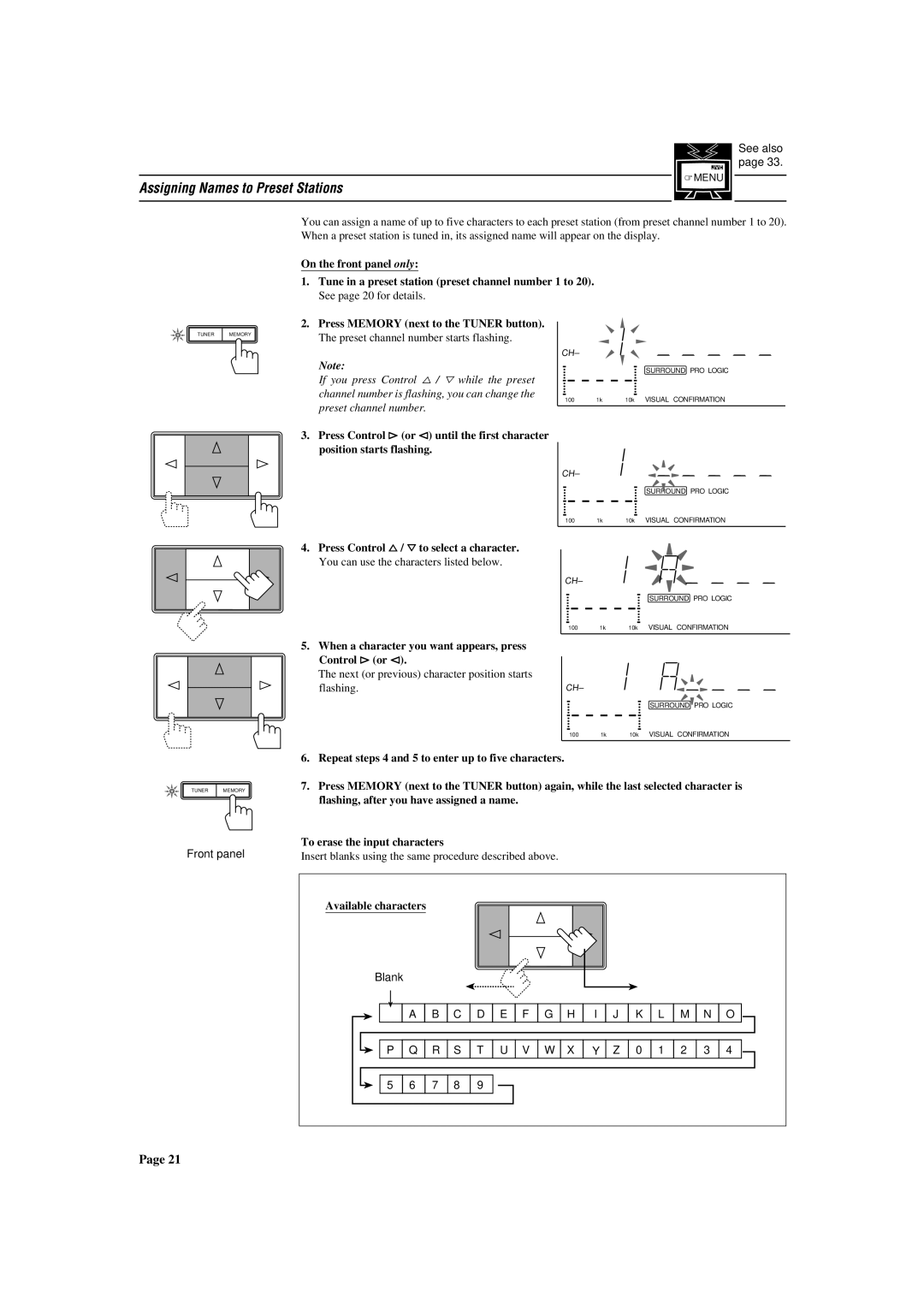 JVC RX-772VBK manual Assigning Names to Preset Stations, Press Control %/ Þto select a character, Available characters 