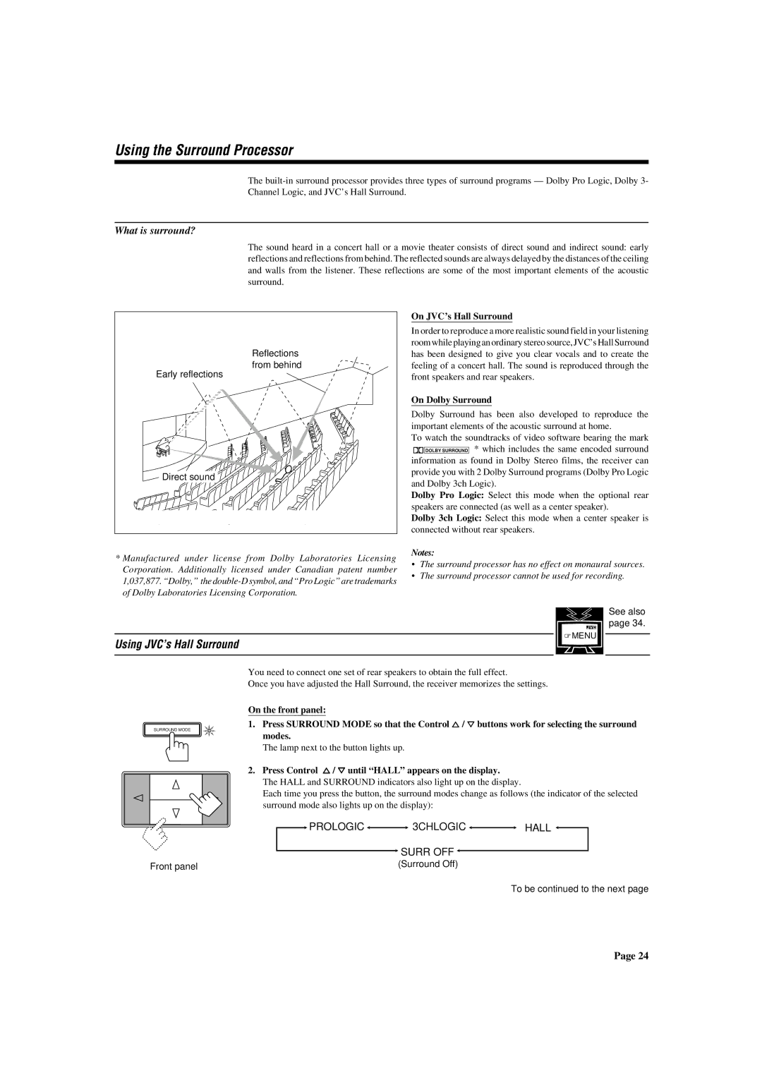 JVC RX-772VBK Using the Surround Processor, Using JVC’s Hall Surround, What is surround?, Prologic 3CHLOGIC Hall Surr OFF 