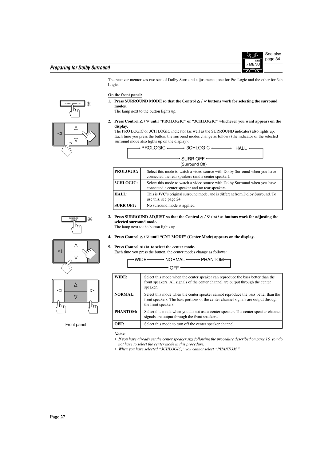 JVC RX-772VBK manual Preparing for Dolby Surround, Wide Normal Phantom 