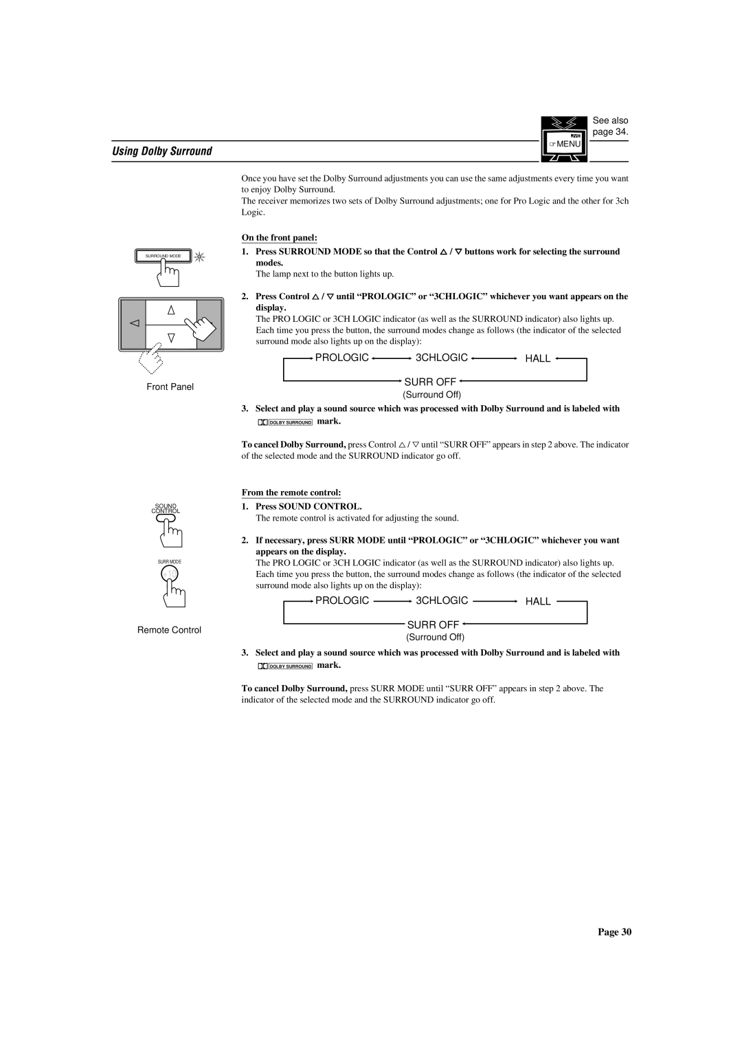 JVC RX-772VBK manual Using Dolby Surround, Remote Control Surround Off 