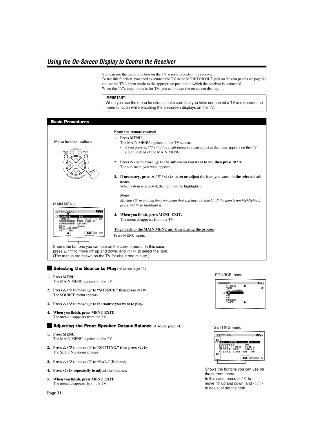 JVC RX-772VBK manual Using the On-Screen Display to Control the Receiver, Menu function buttons 