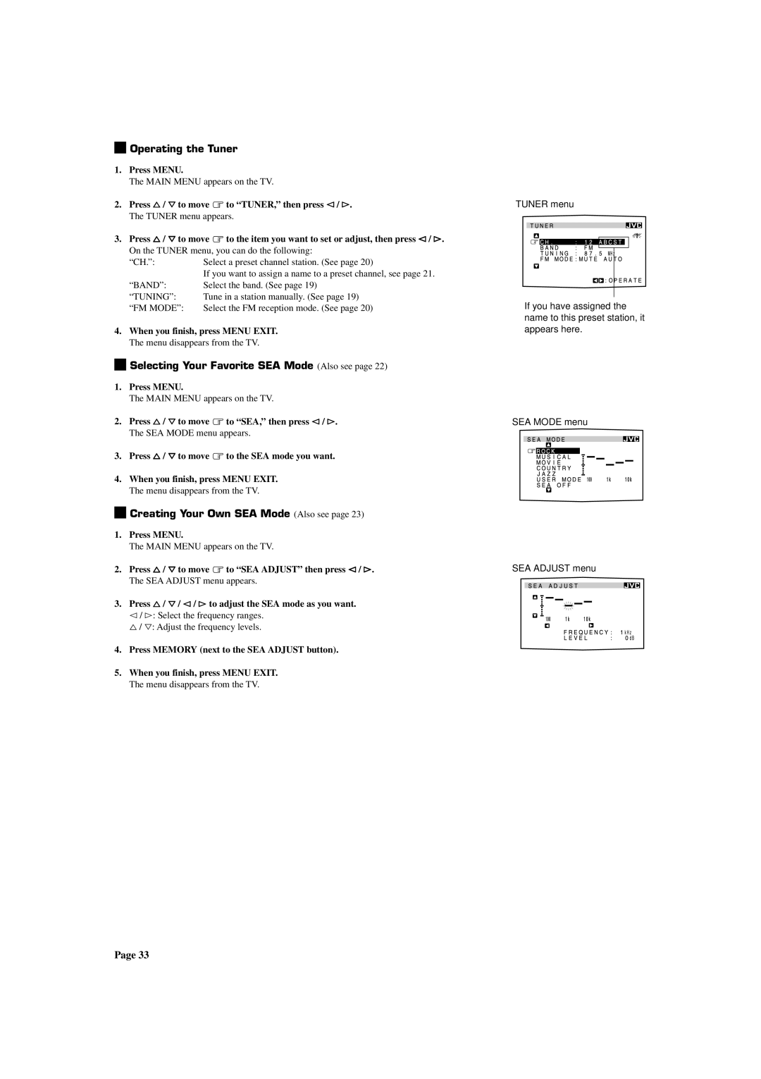 JVC RX-772VBK manual Press %/ Þto move to TUNER, then press @/ #, Press %/ Þto move to SEA, then press @/ # 