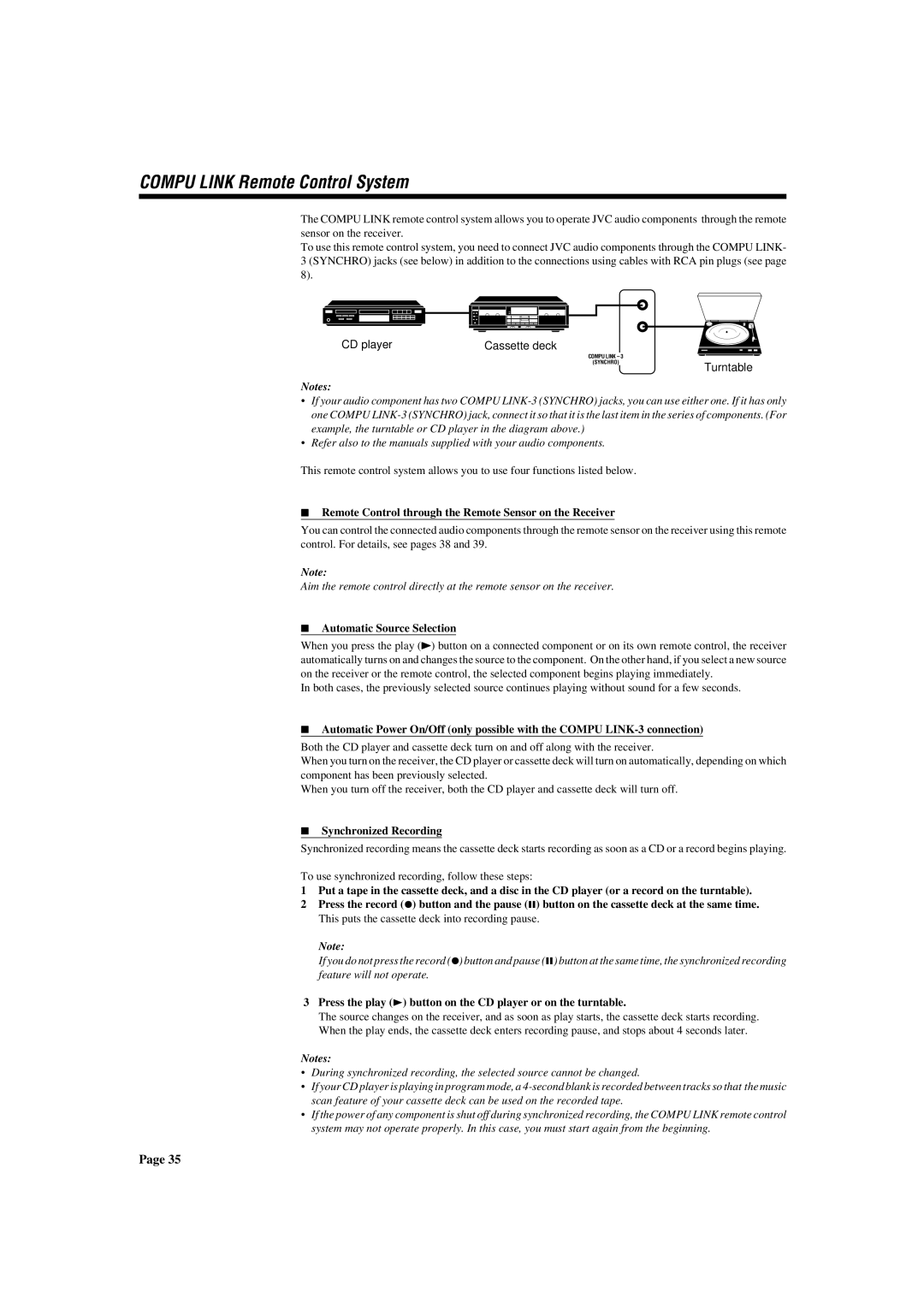 JVC RX-772VBK manual Compu Link Remote Control System, CD player Cassette deck, Automatic Source Selection 