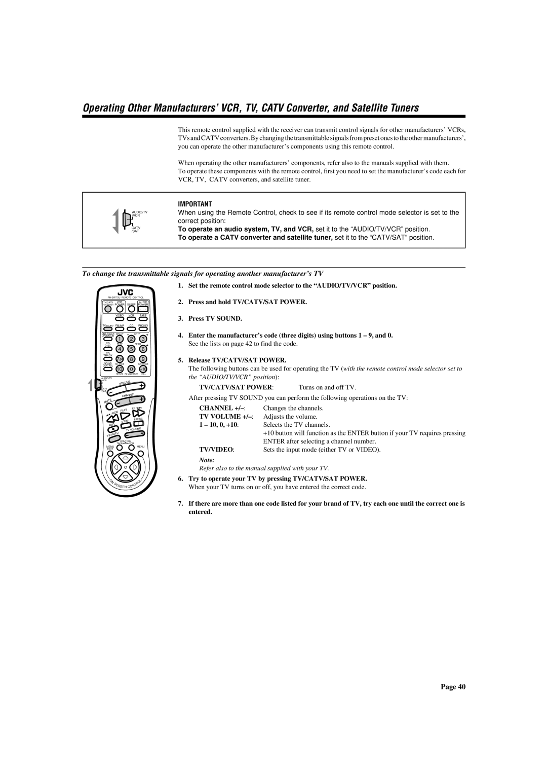 JVC RX-772VBK manual TV/CATV/SAT Power, Channel +, TV Volume +, 10, 0, +10 