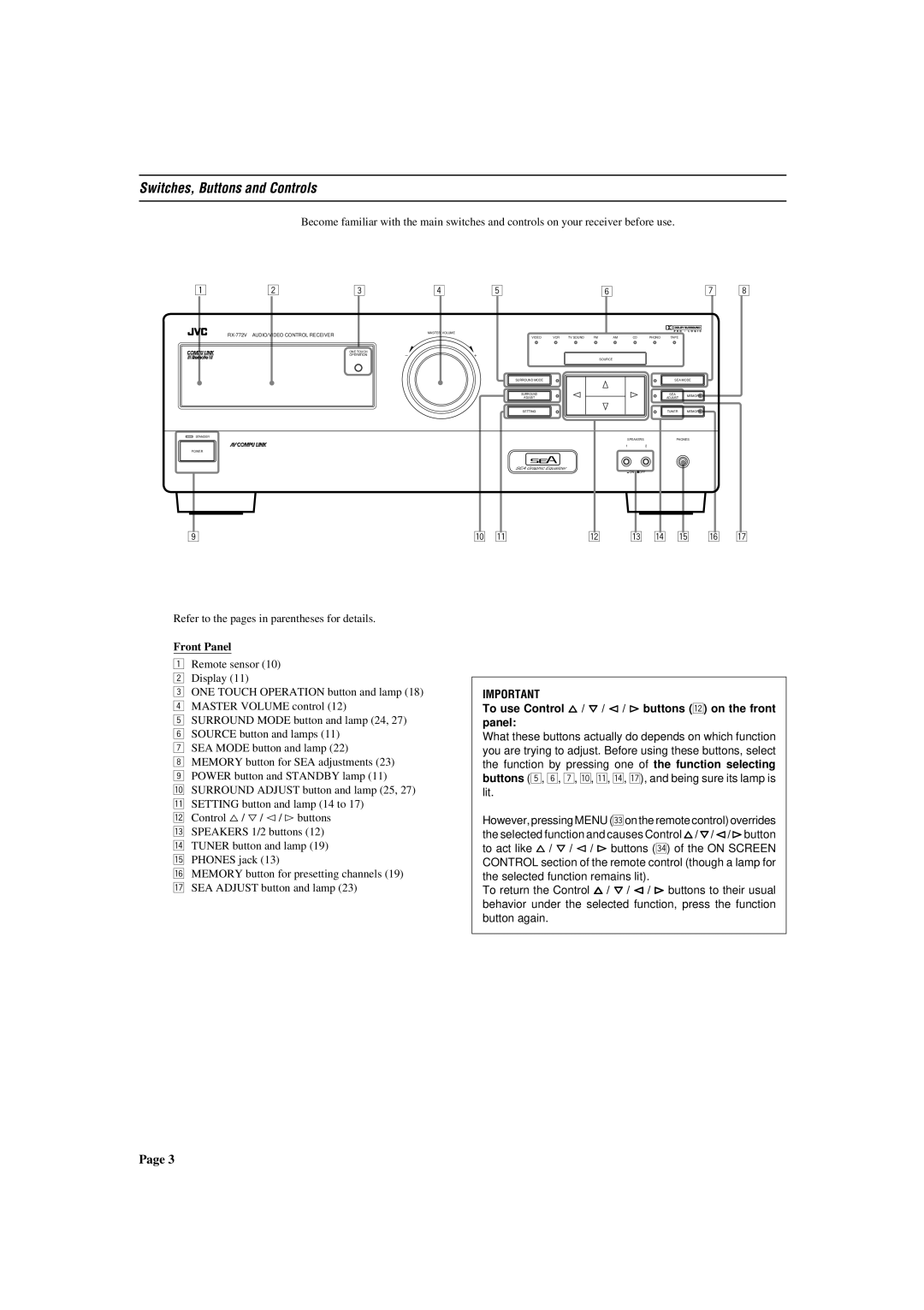 JVC RX-772VBK manual Switches, Buttons and Controls, Front Panel 