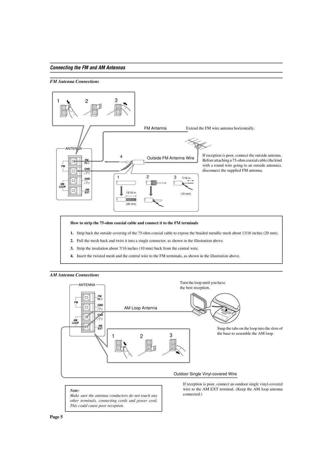 JVC RX-772VBK manual Connecting the FM and AM Antennas, FM Antenna Connections, AM Antenna Connections 