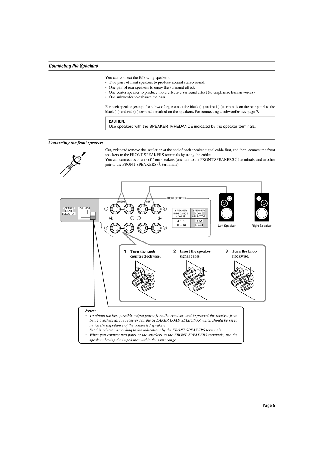 JVC RX-772VBK manual Connecting the Speakers, Connecting the front speakers 