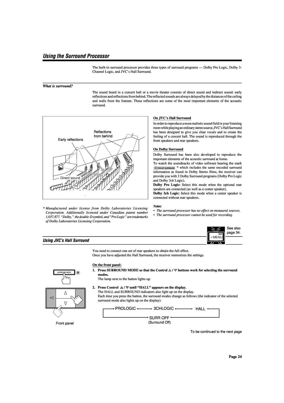 JVC RX-772VBK manual Using the Surround Processor, Using JVC’s Hall Surround, PROLOGIC 3CHLOGIC HALL SURR OFF 