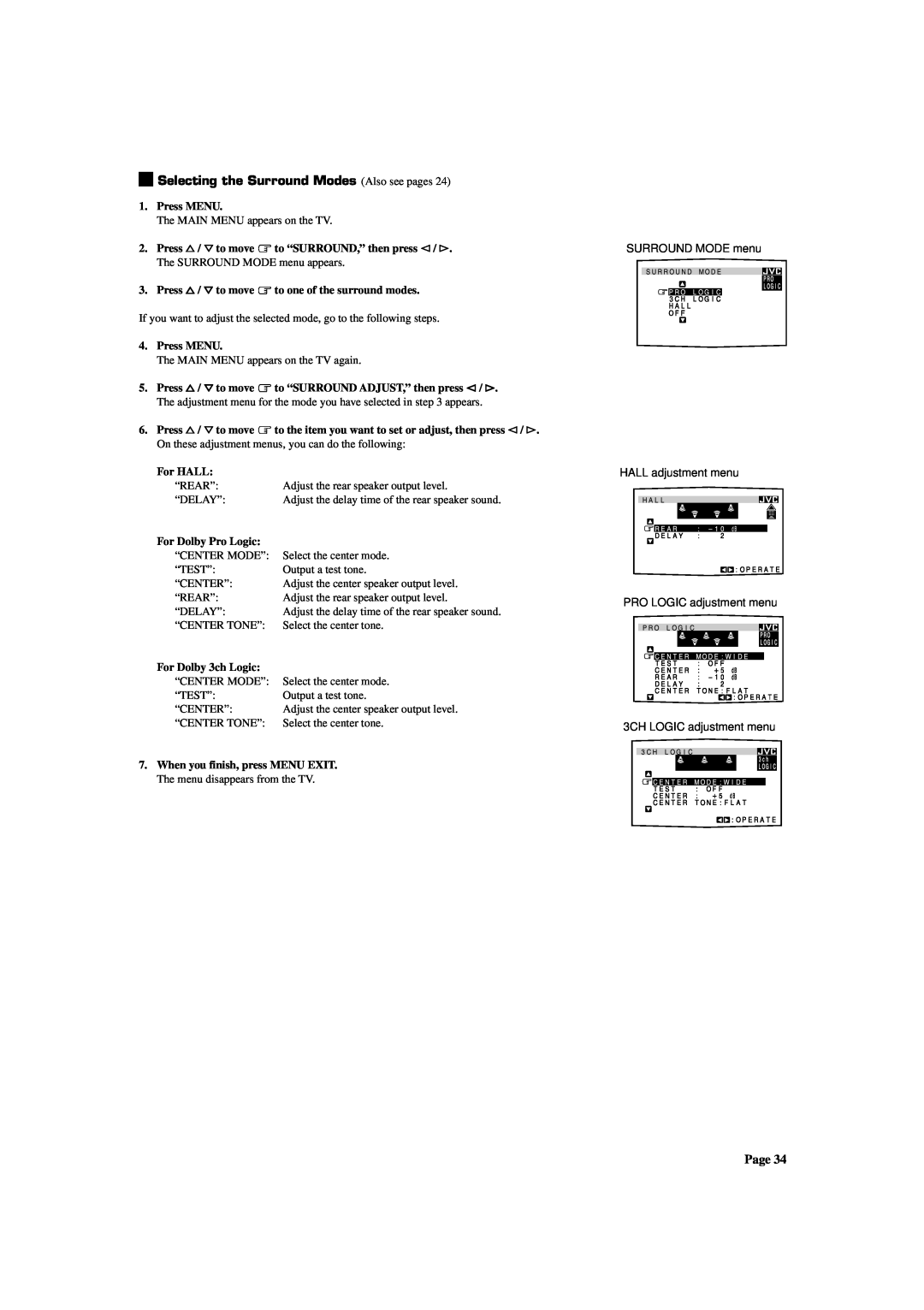 JVC RX-772VBK manual Selecting the Surround Modes Also see pages, 3CH LOGIC adjustment menu 