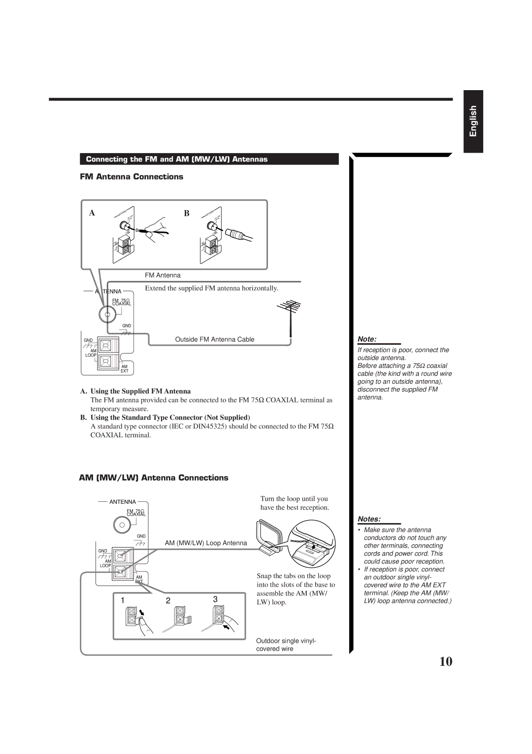 JVC RX-774RBK manual FM Antenna Connections, AM MW/LW Antenna Connections, Connecting the FM and AM MW/LW Antennas 