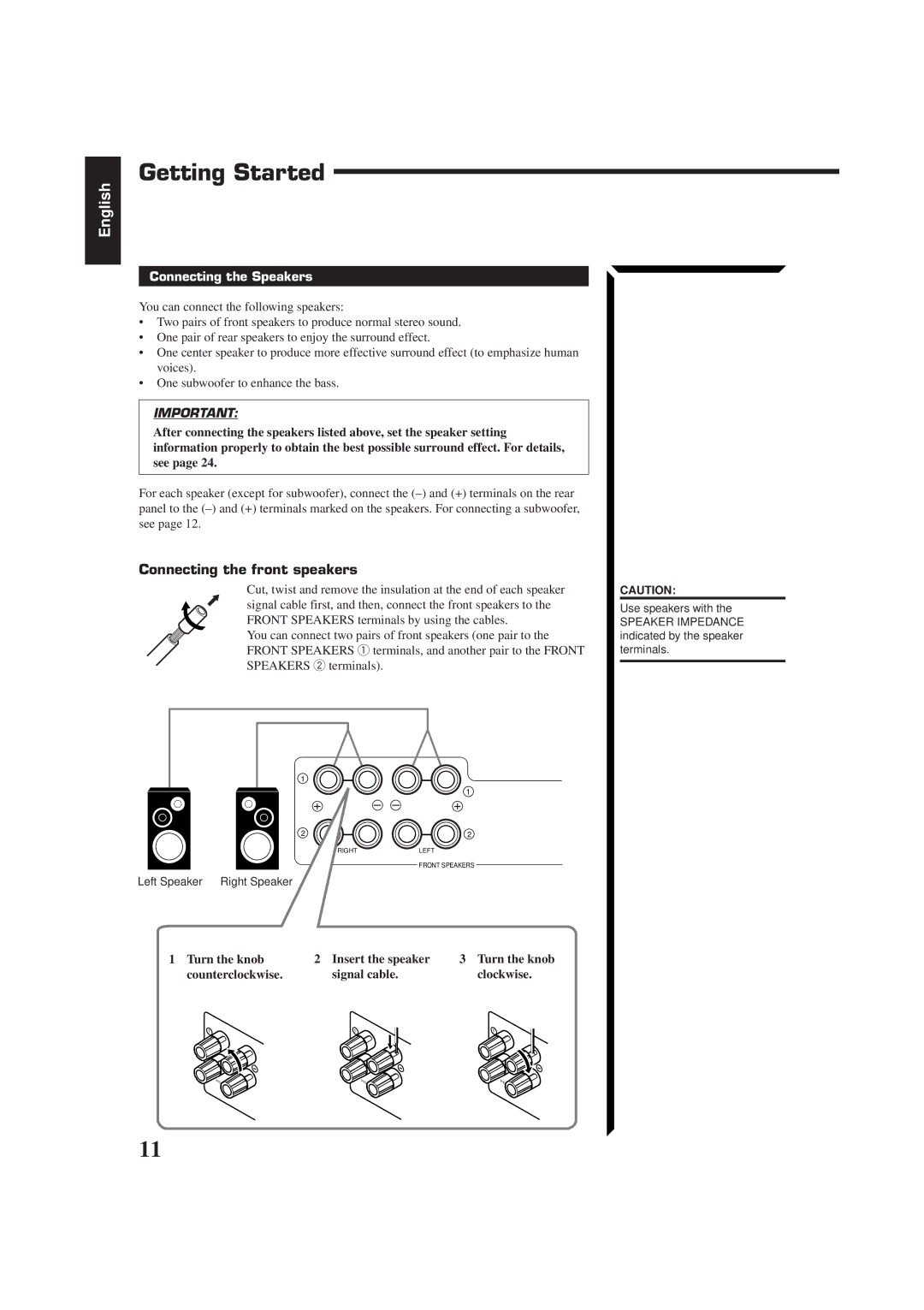 JVC RX-774RBK manual Getting Started, Connecting the front speakers, Connecting the Speakers 