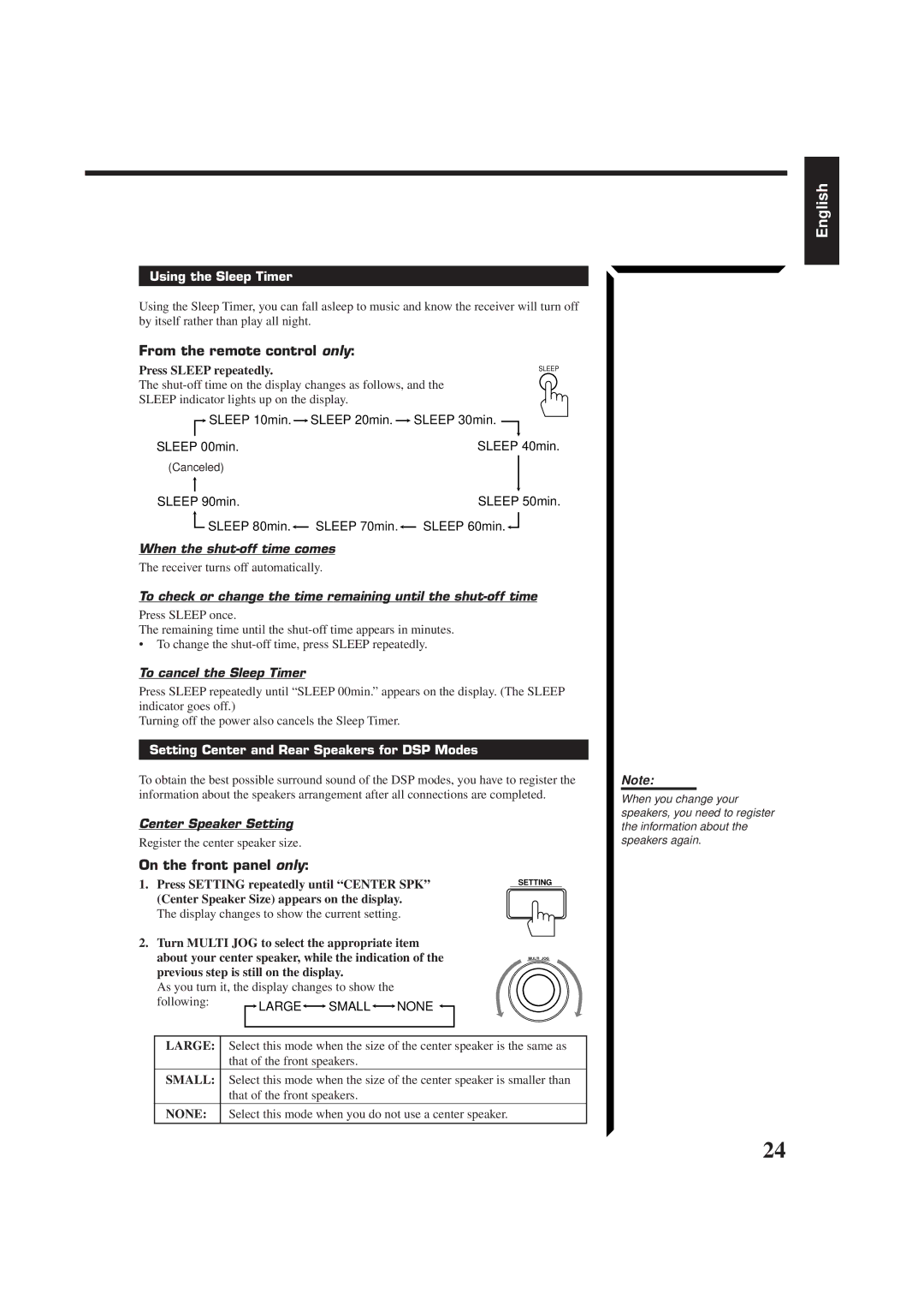 JVC RX-774RBK manual Using the Sleep Timer, When the shut-off time comes, To cancel the Sleep Timer, Center Speaker Setting 