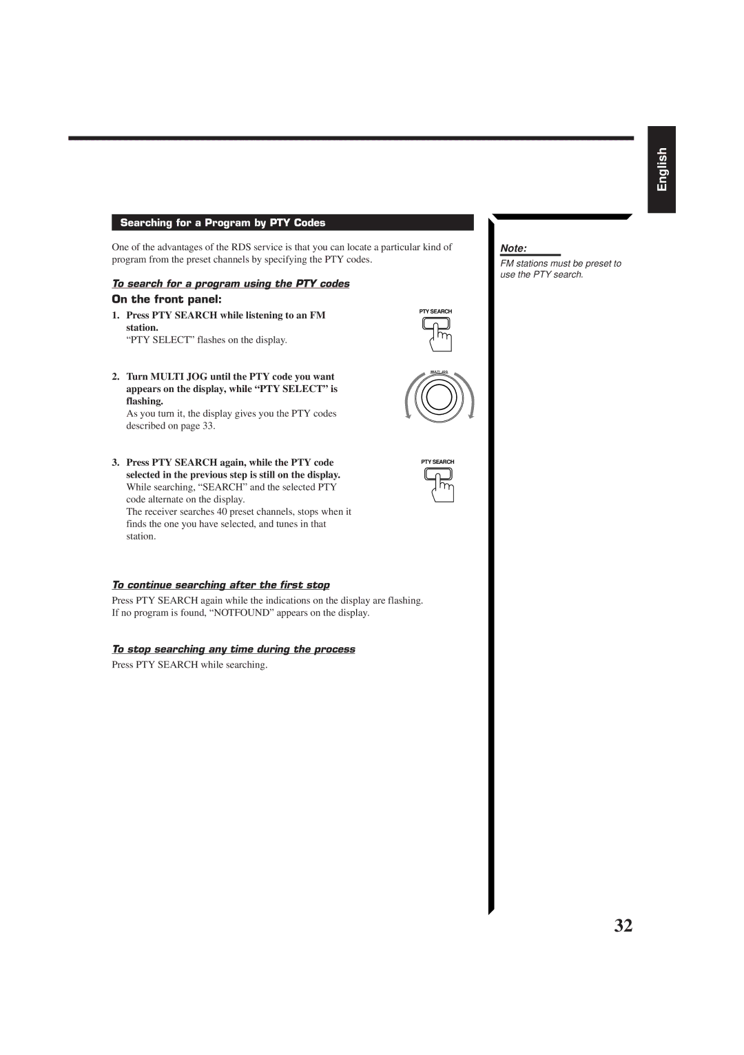 JVC RX-774RBK manual Searching for a Program by PTY Codes, To search for a program using the PTY codes 