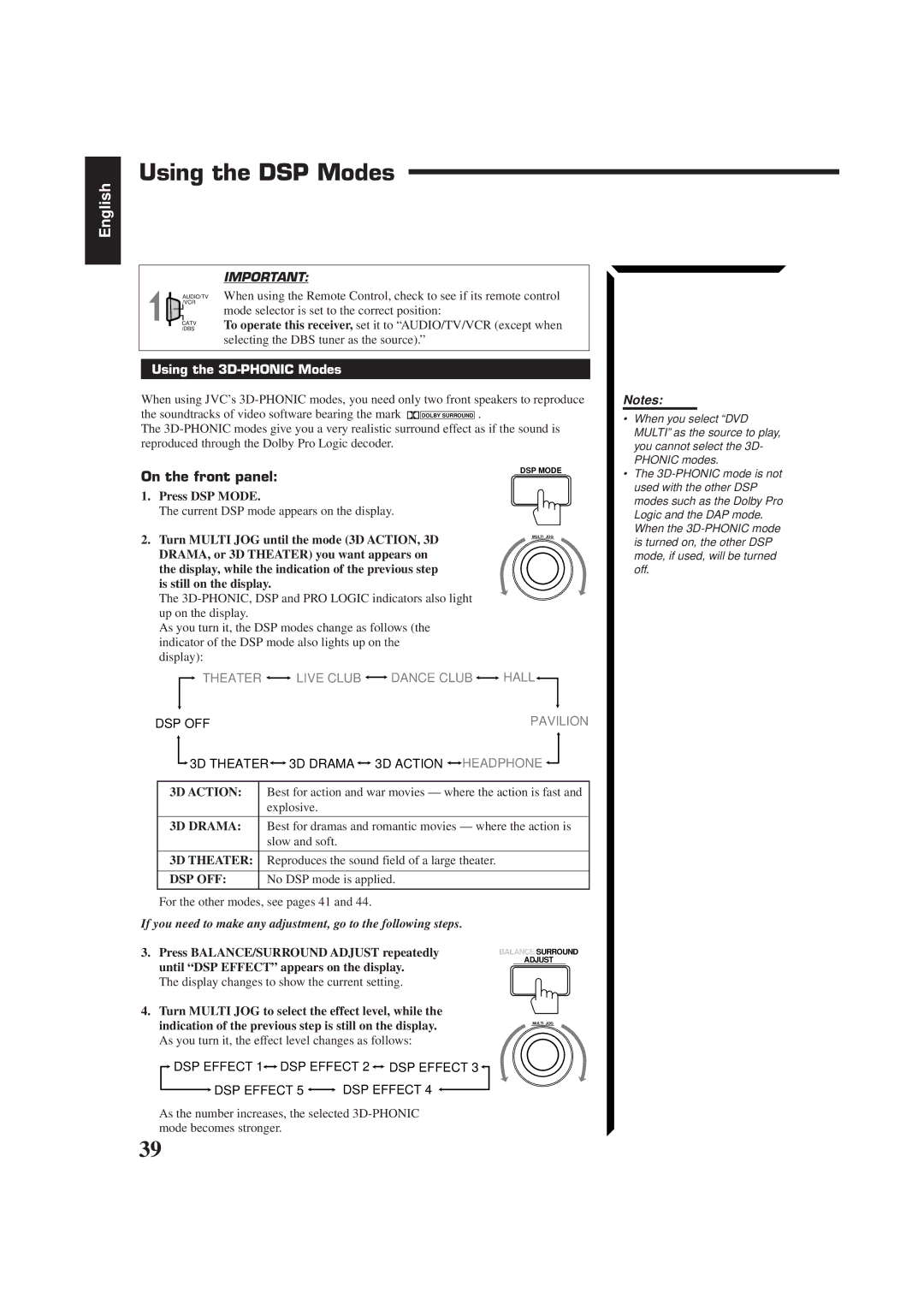 JVC RX-774RBK Using the DSP Modes, Using the 3D-PHONIC Modes, Press DSP Mode, Press BALANCE/SURROUND Adjust repeatedly 