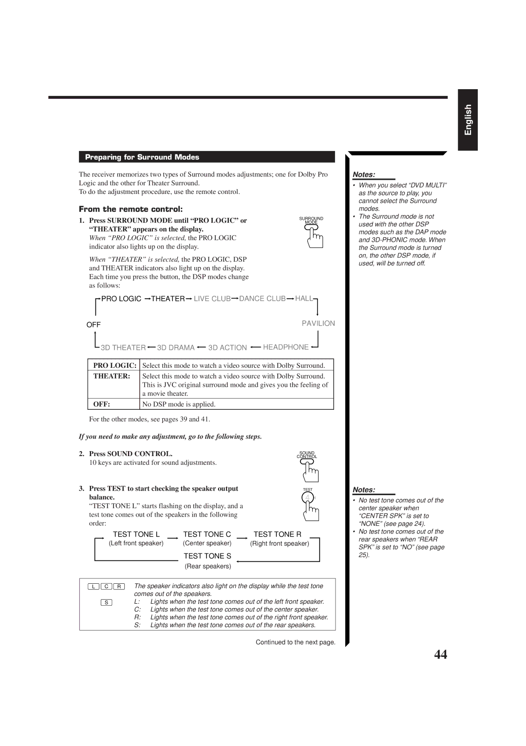 JVC RX-774RBK manual Preparing for Surround Modes, No DSP mode is applied For the other modes, see pages 39 