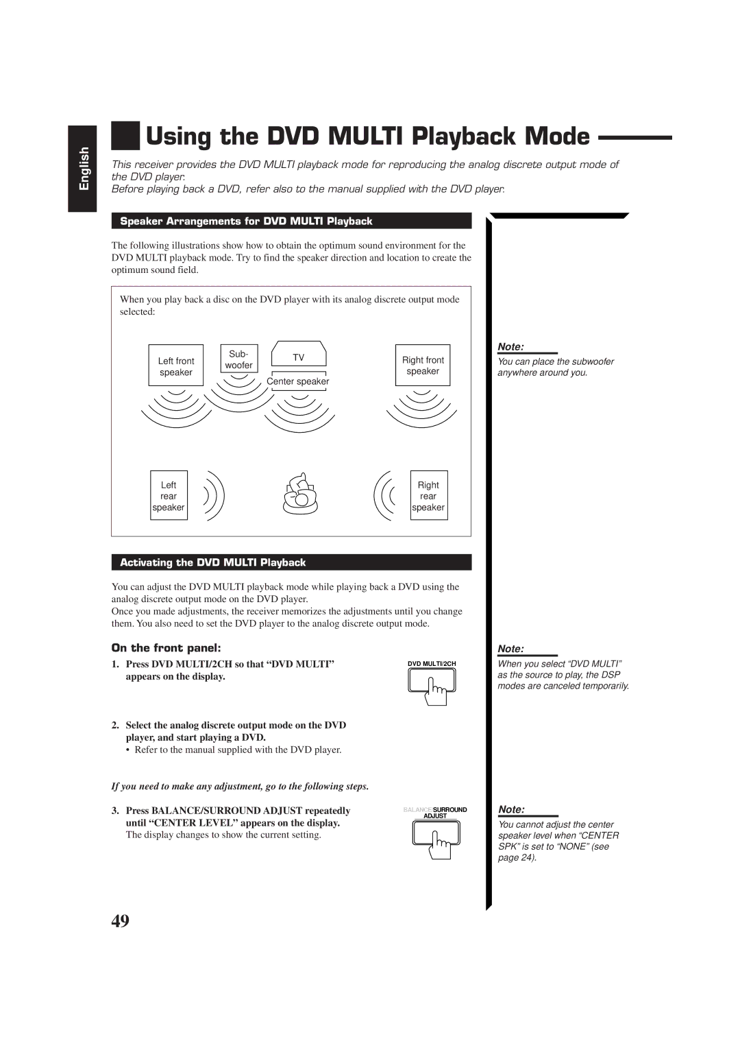 JVC RX-774RBK manual Using the DVD Multi Playback Mode, Speaker Arrangements for DVD Multi Playback 