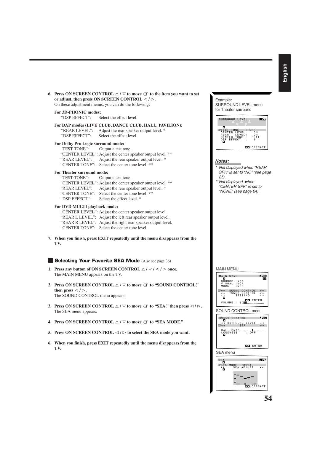 JVC RX-774RBK manual Selecting Your Favorite SEA Mode Also see 