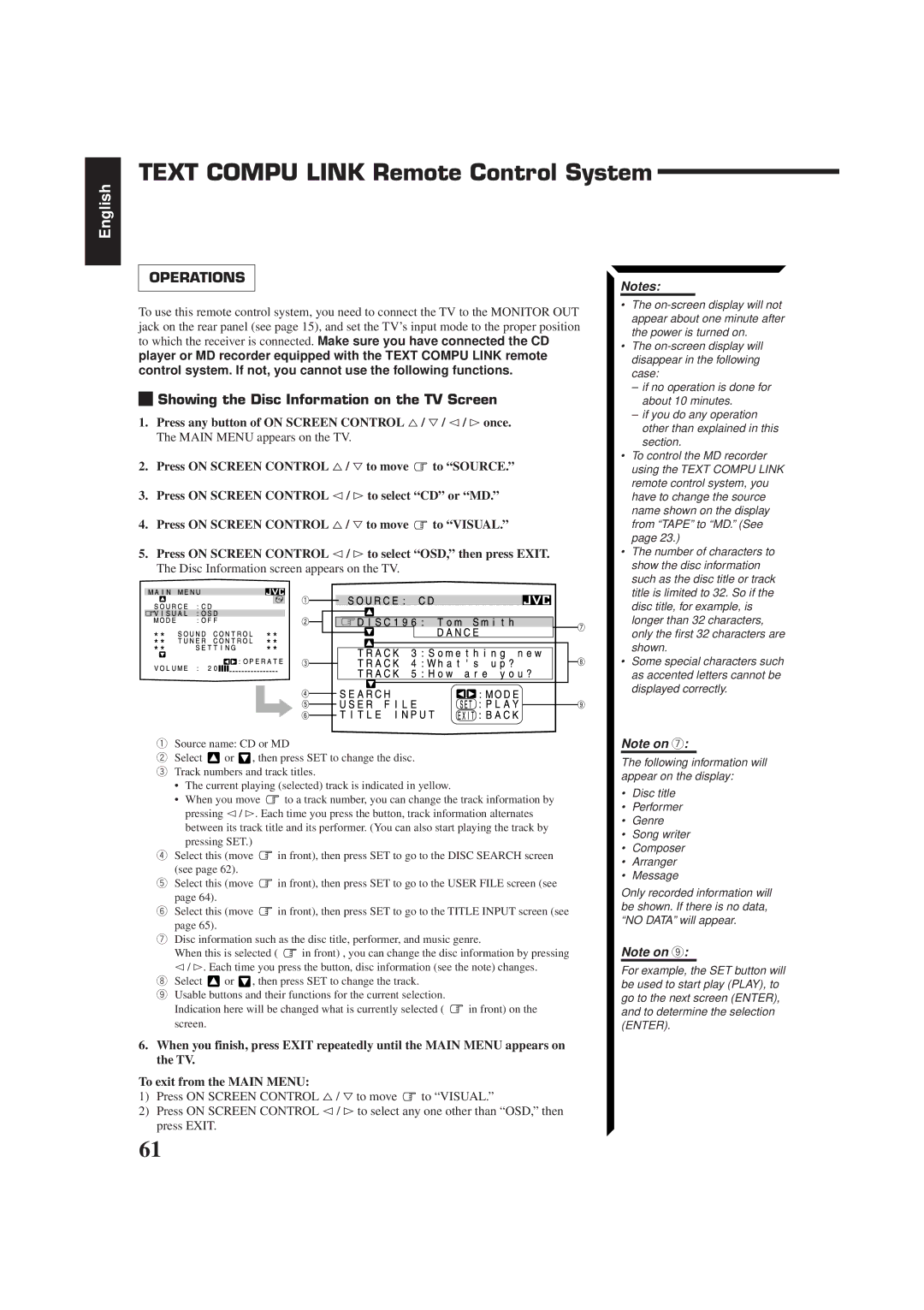 JVC RX-774RBK manual Text Compu Link Remote Control System, Showing the Disc Information on the TV Screen 