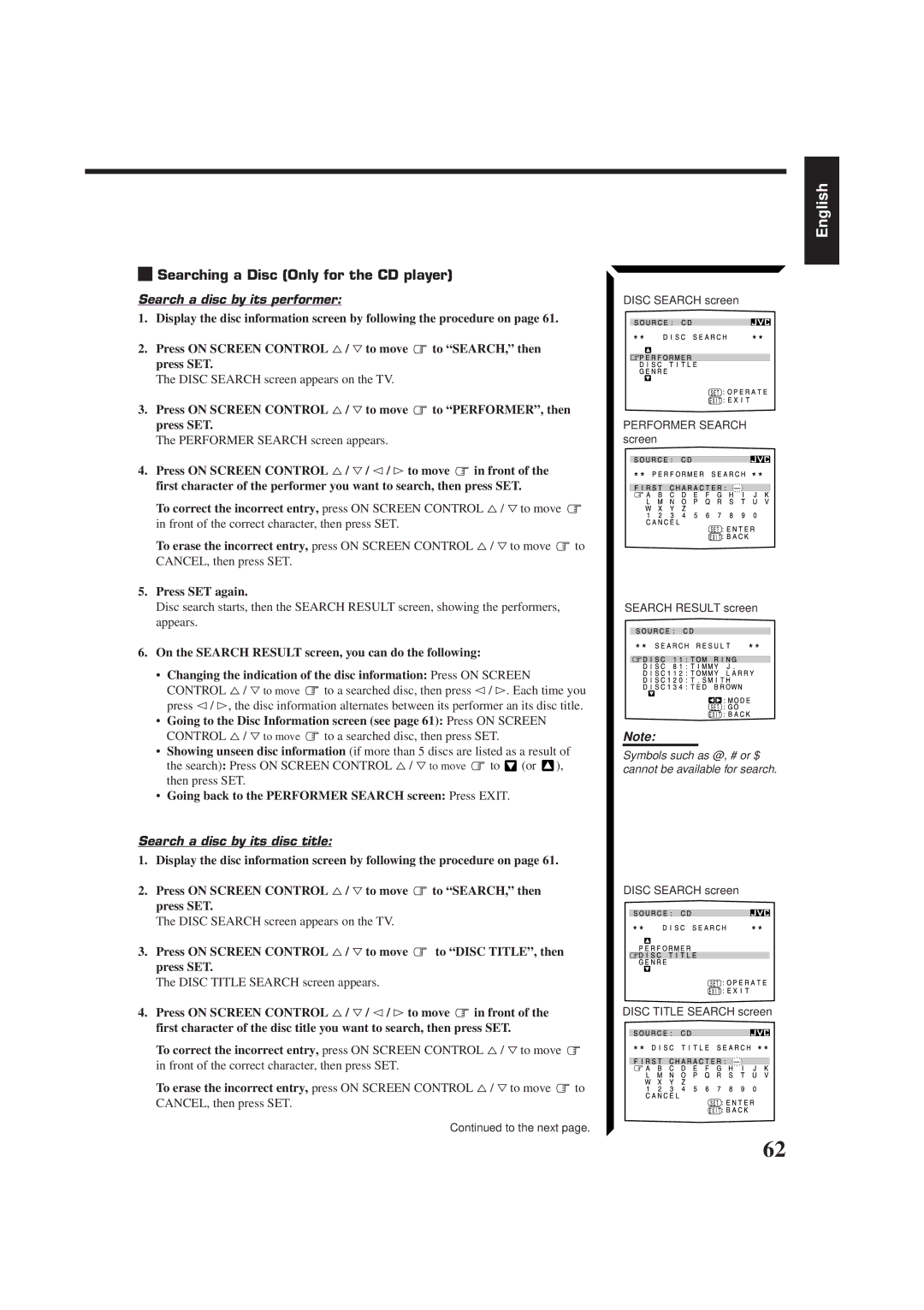 JVC RX-774RBK manual Searching a Disc Only for the CD player, Search a disc by its performer, Press SET again 