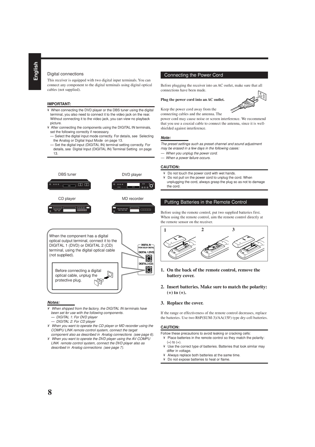 JVC RX-778VBK Connecting the Power Cord, Putting Batteries in the Remote Control, Replace the cover, Digital connections 
