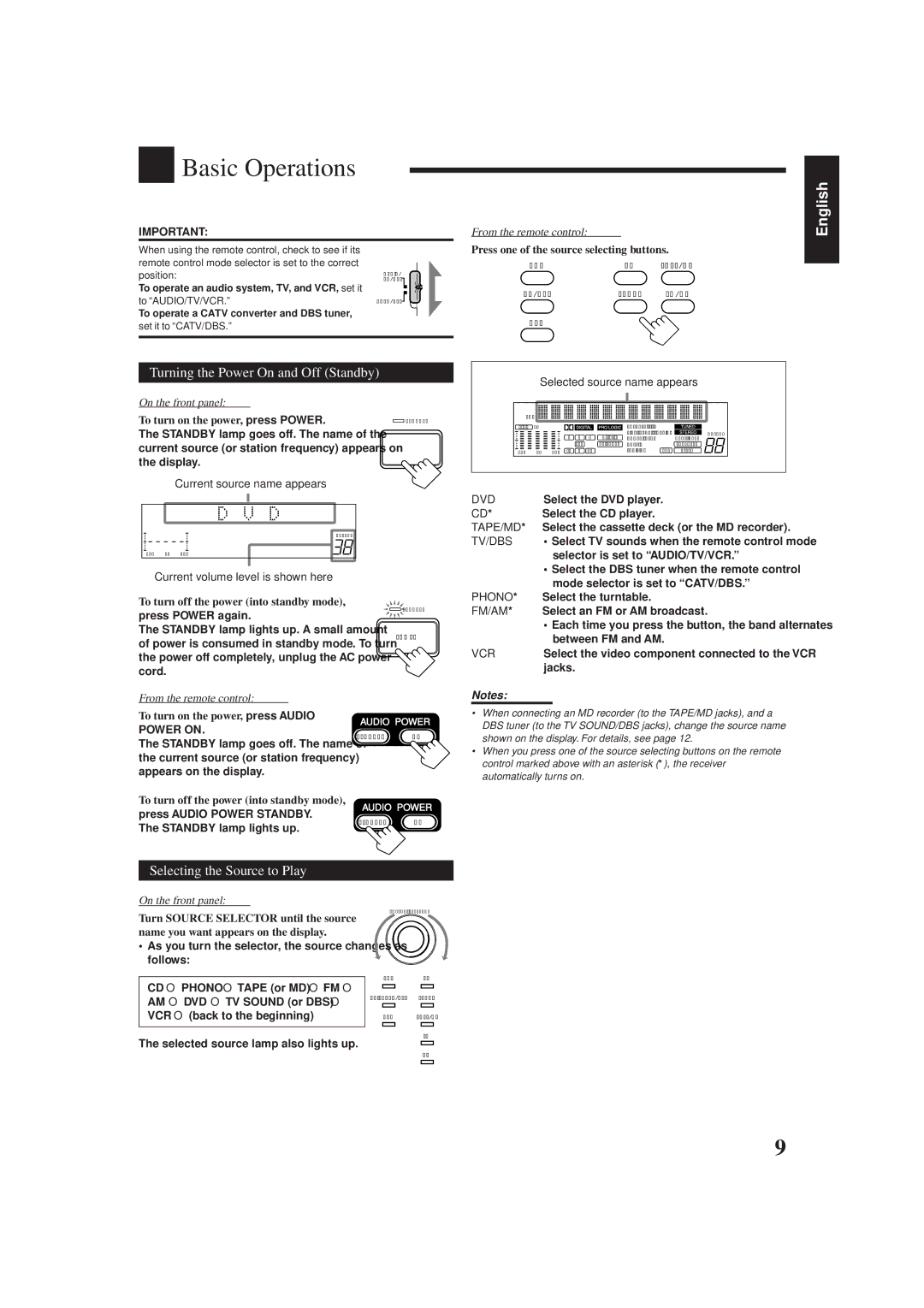 JVC RX-778VBK Basic Operations, Turning the Power On and Off Standby, Selecting the Source to Play, On the front panel 