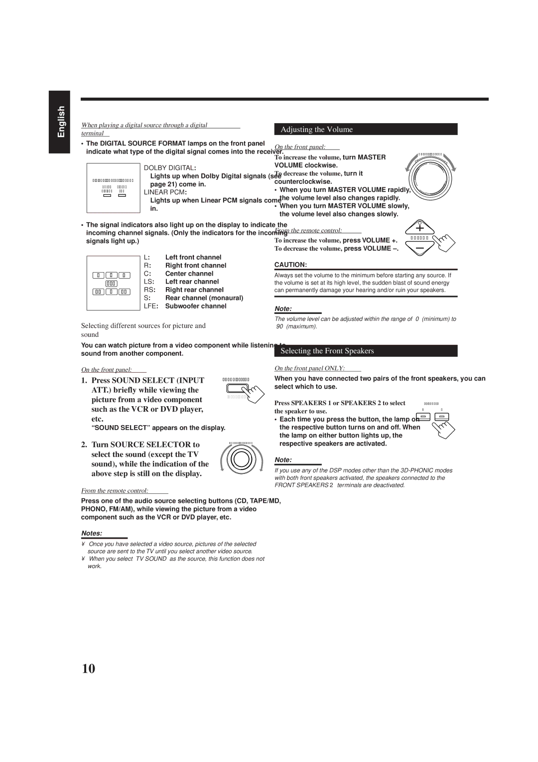 JVC RX-778VBK Adjusting the Volume, Selecting the Front Speakers, ATT. briefly while viewing, Etc, Turn Source Selector to 