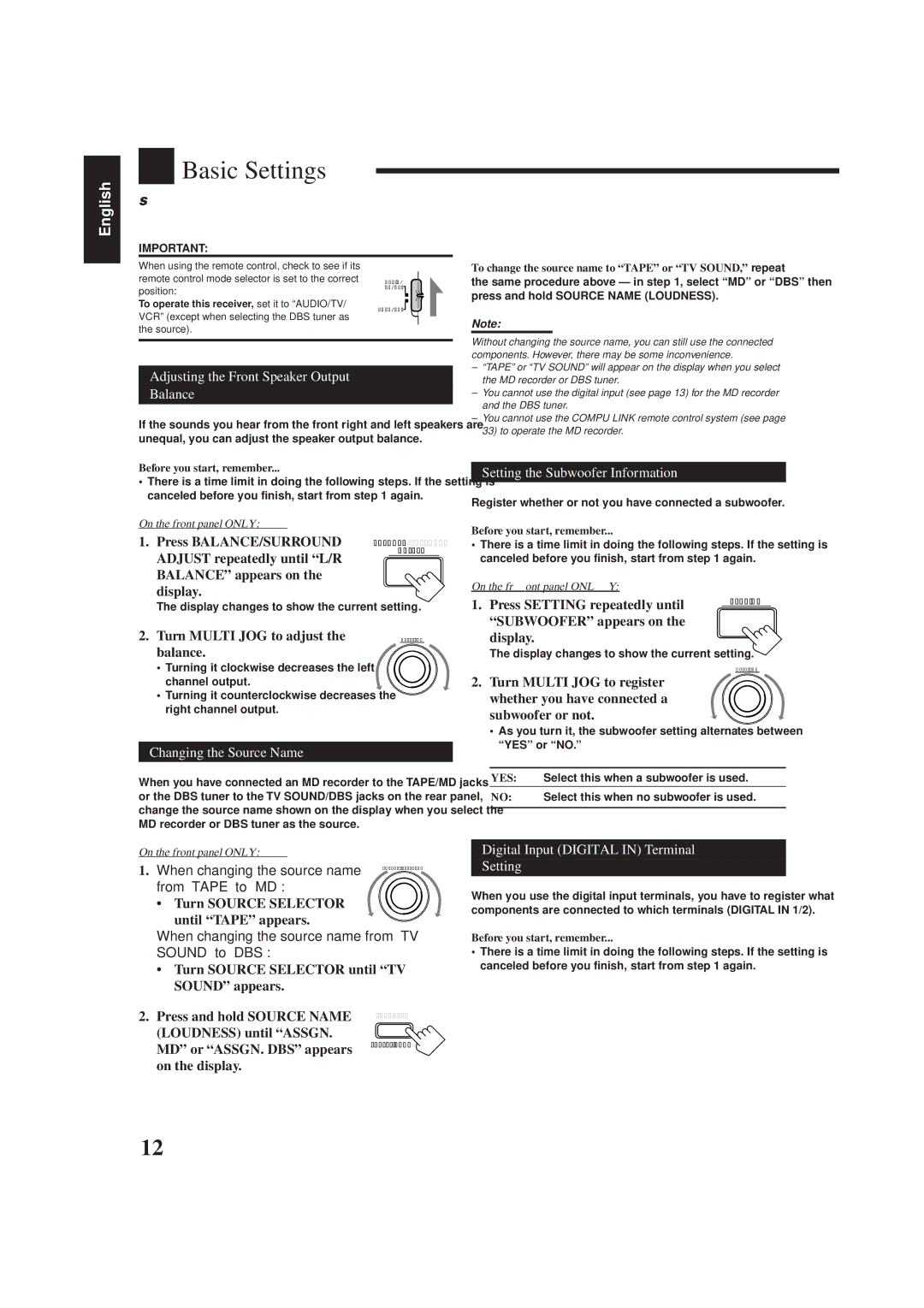 JVC RX-778VBK manual Basic Settings, Adjusting the Front Speaker Output Balance, Changing the Source Name 