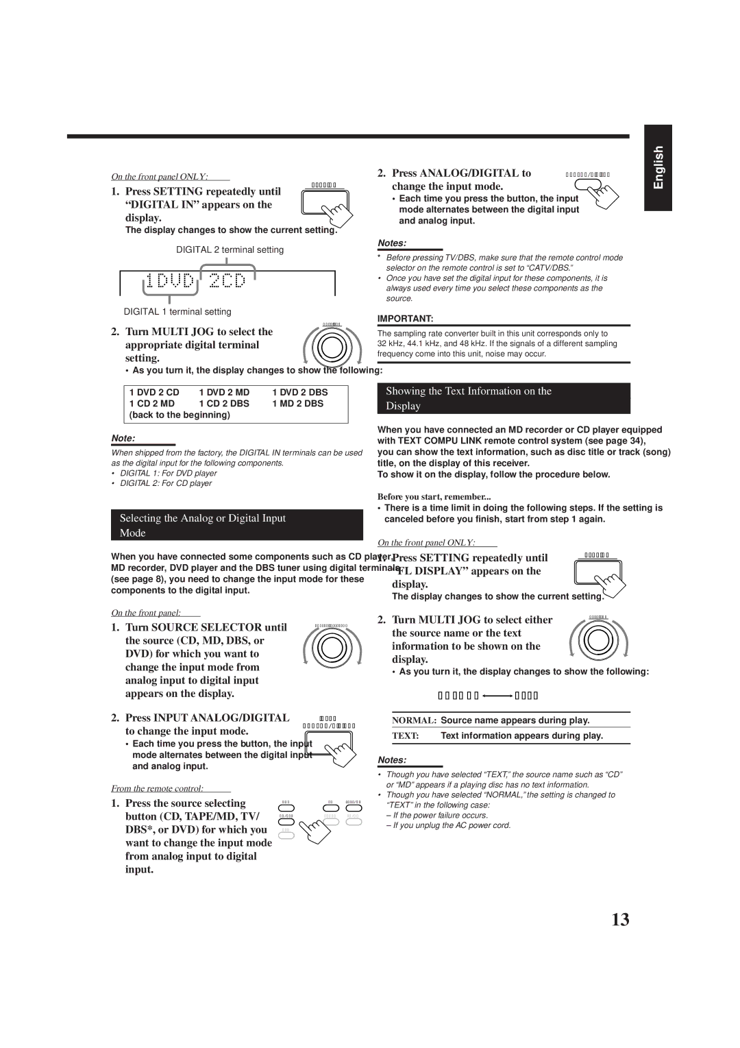 JVC RX-778VBK manual Selecting the Analog or Digital Input Mode, Showing the Text Information on Display 