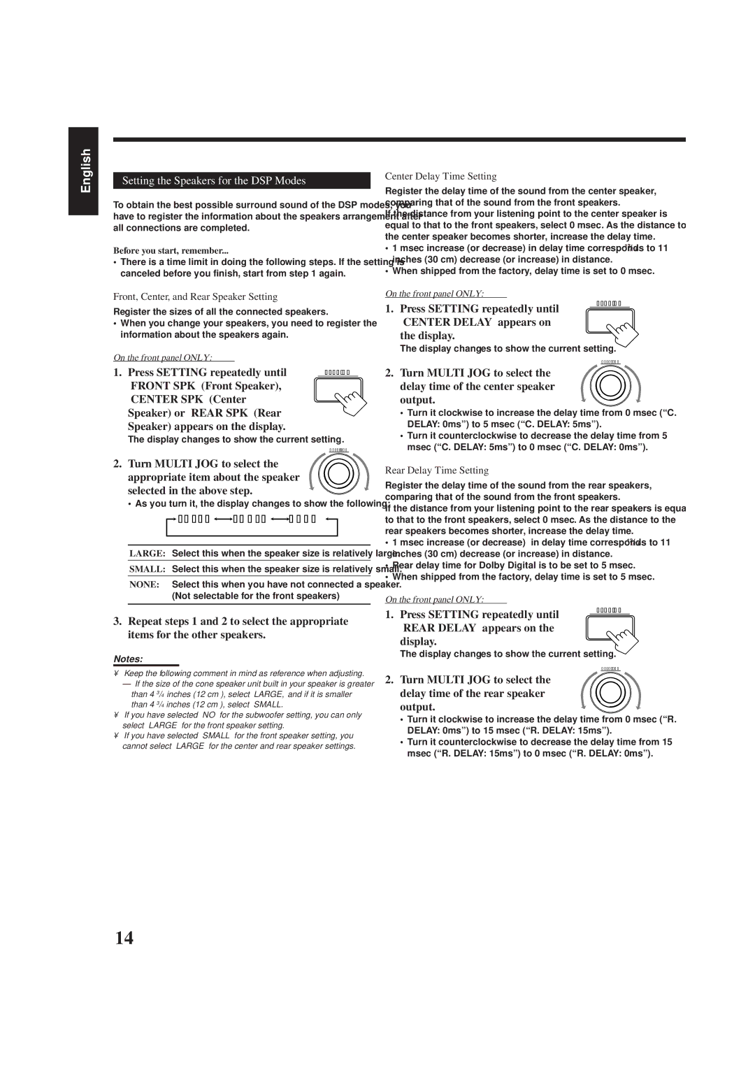 JVC RX-778VBK manual Setting the Speakers for the DSP Modes, Rear Delay appears on Display, Center Delay Time Setting 