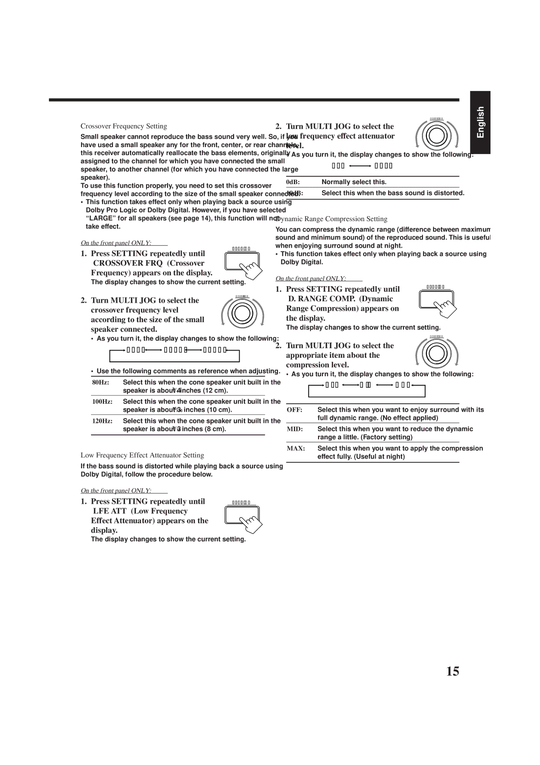 JVC RX-778VBK manual Frequency appears on the display, LFE ATT Low Frequency Effect Attenuator appears on Display 