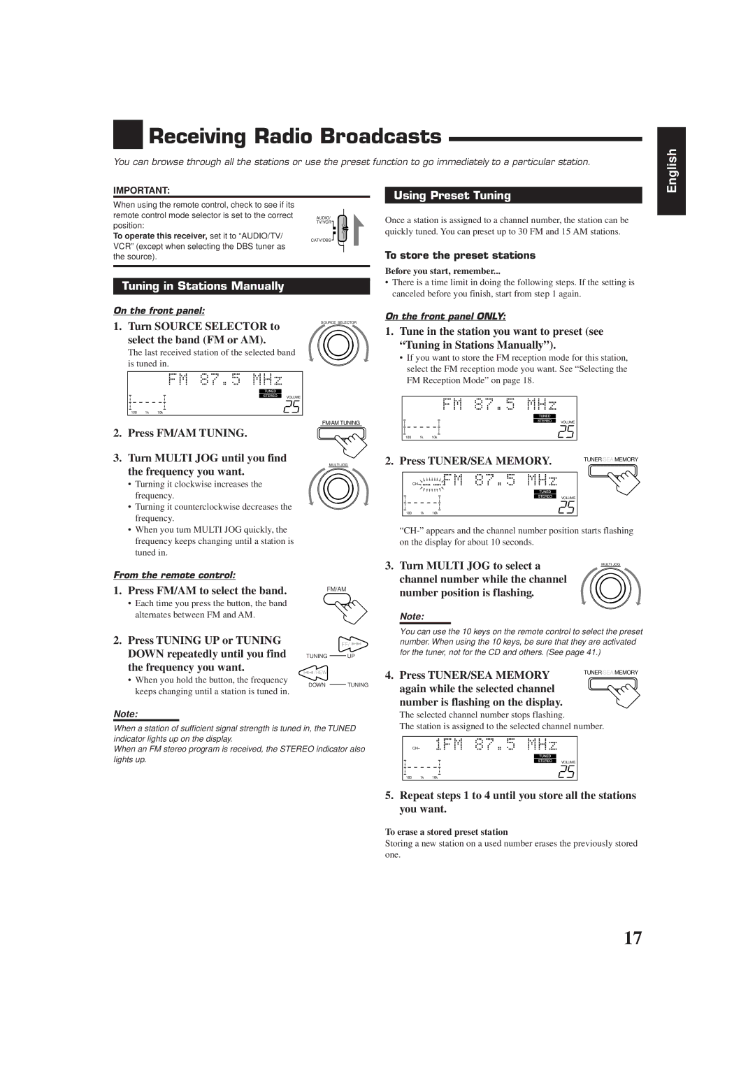 JVC RX-778VBK manual Receiving Radio Broadcasts, Using Preset Tuning, Tuning in Stations Manually 