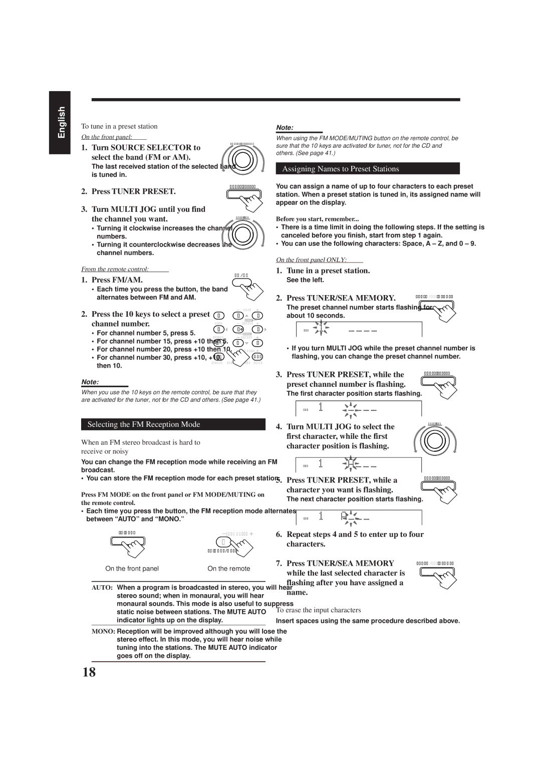 JVC RX-778VBK manual Assigning Names to Preset Stations, Selecting the FM Reception Mode, Tune in a preset station 