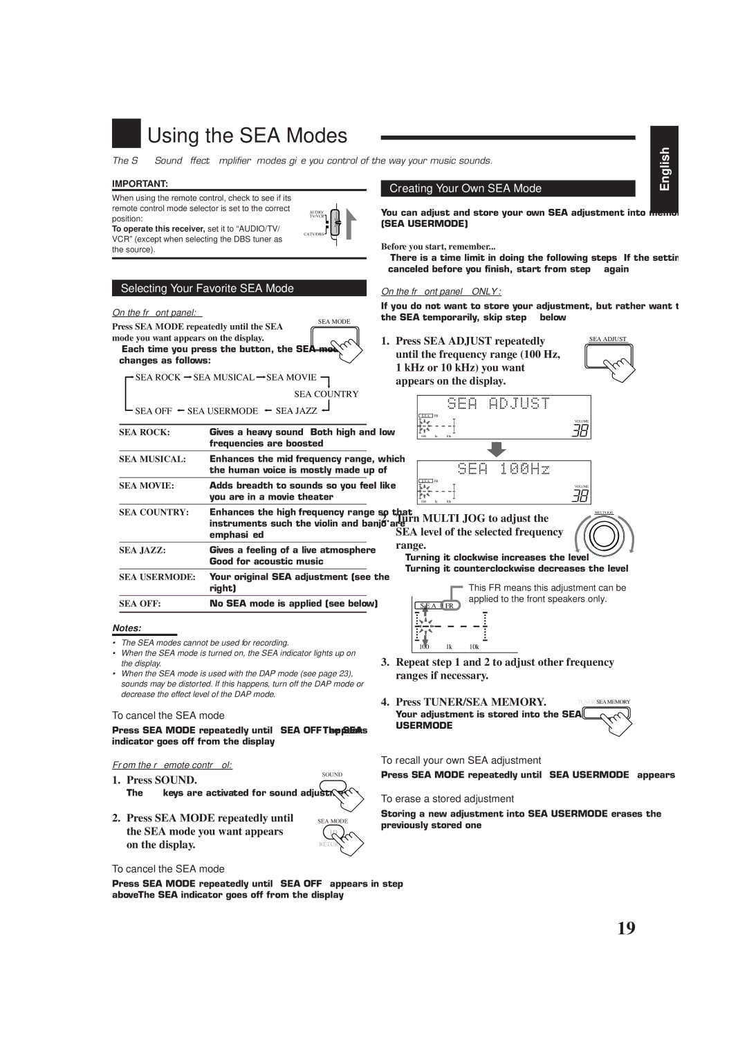 JVC RX-778VBK manual Using the SEA Modes, Creating Your Own SEA Mode, Selecting Your Favorite SEA Mode 